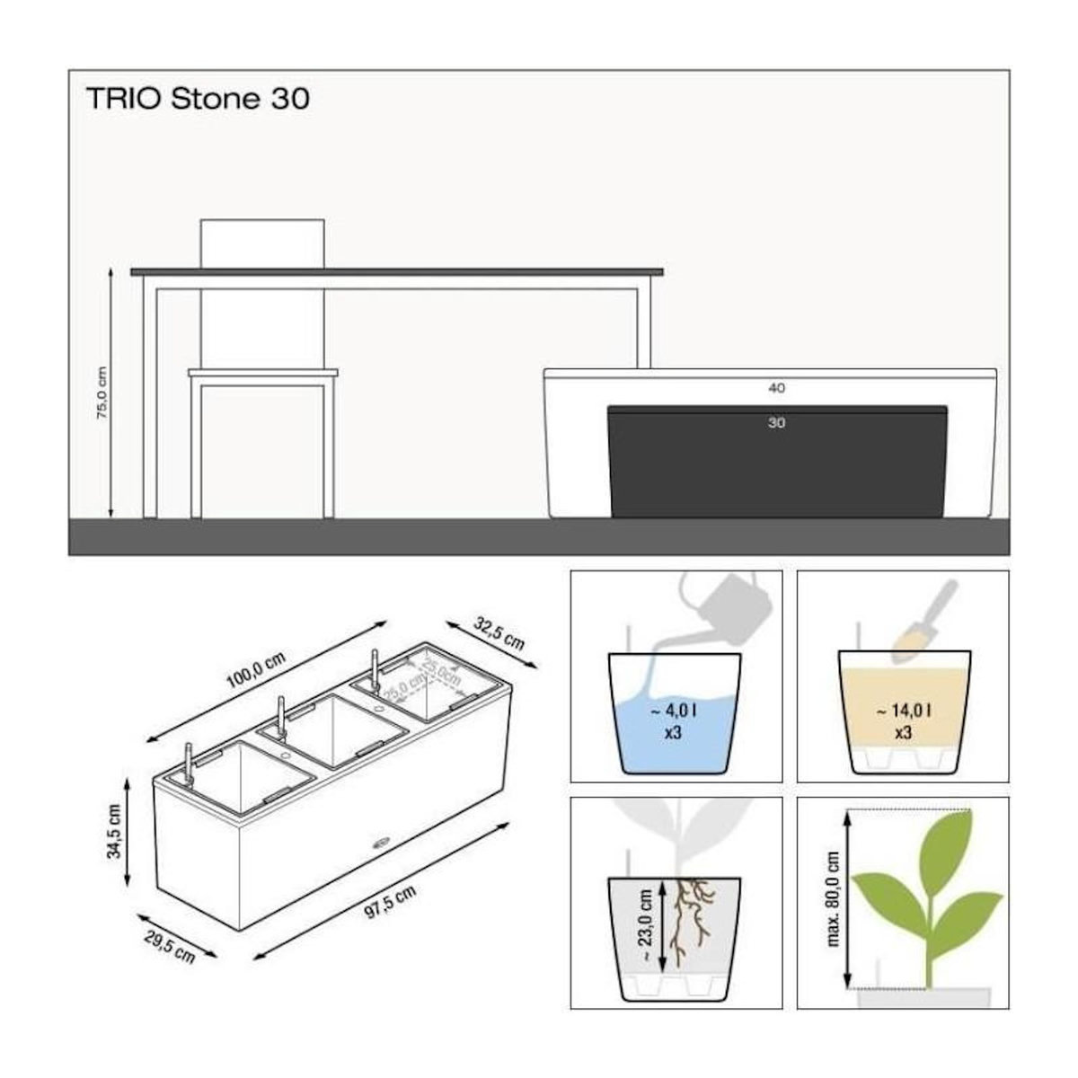 LECHUZA Jardiniere LECHUZA Trio Stone 30 - kit complet, gris pierre - Avec réserve d'eau - Plastique - Rectangulaire