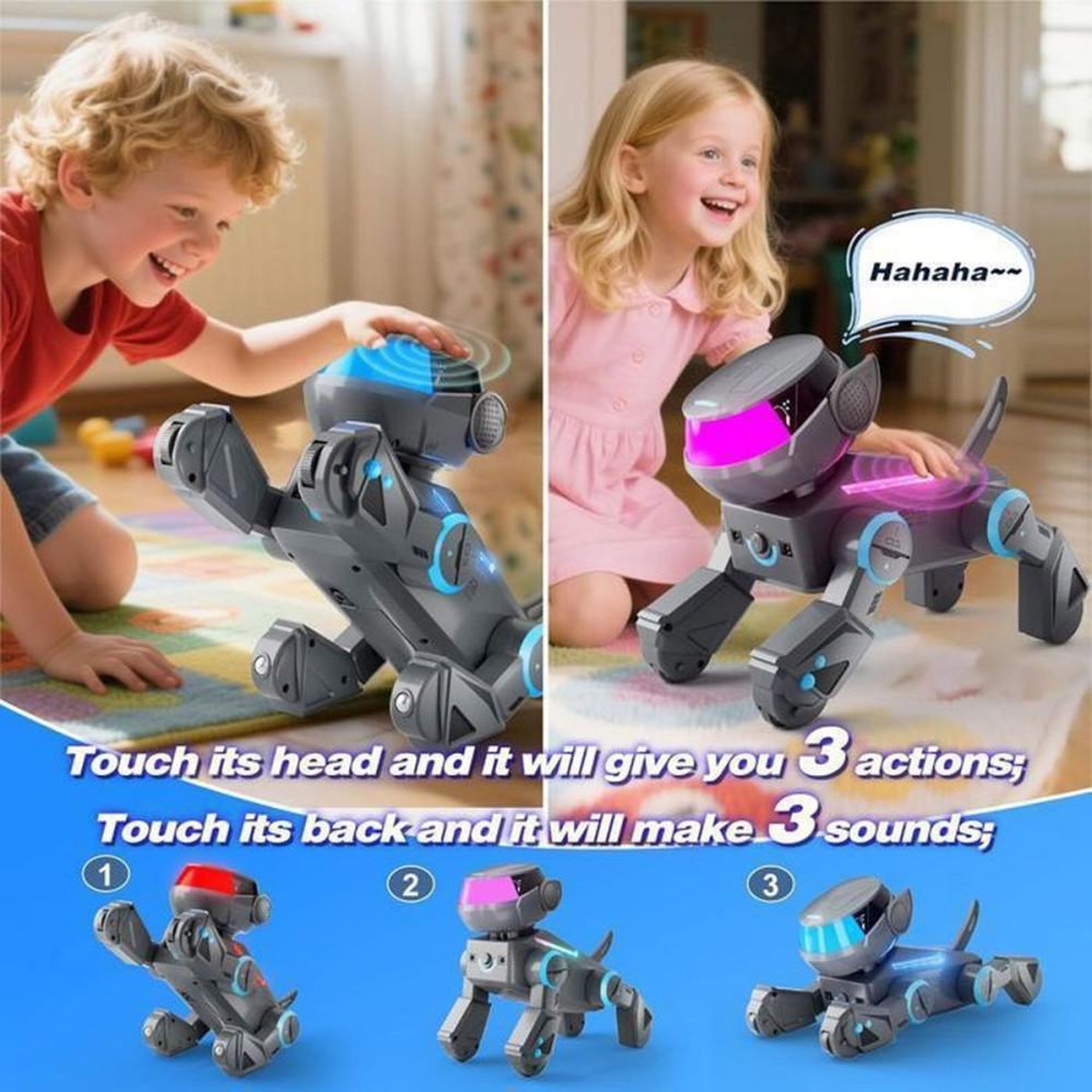 Voir la diapositive 5 : Chien robot télécommandé programmable Bluetooth gris, yeux LED multicolores, sons et musique, jusqu'à 100 actions
