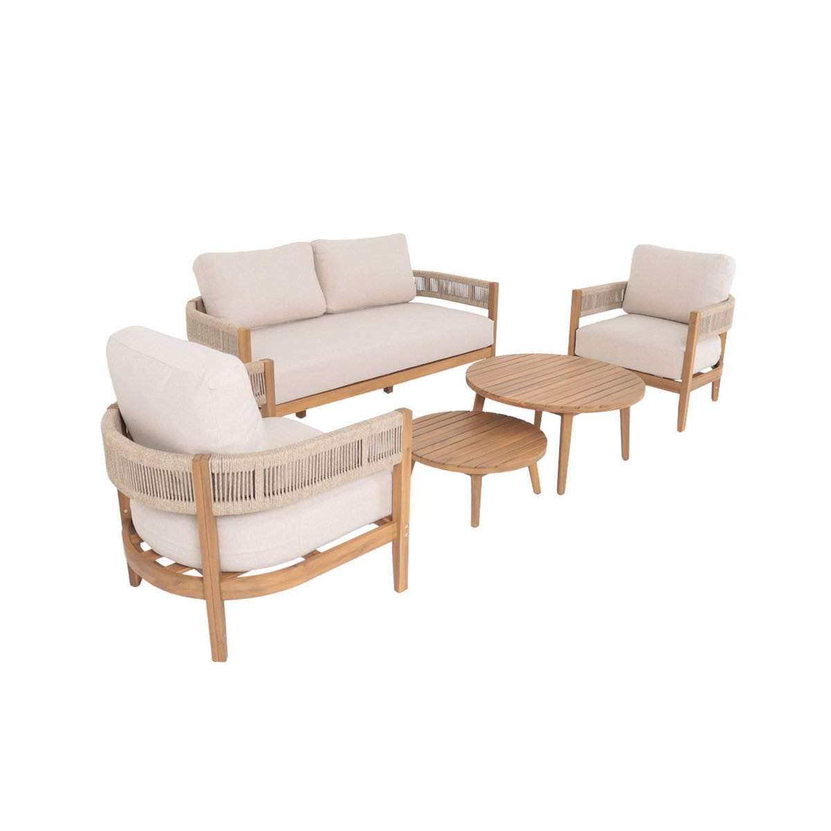 SWEEEK Salon de jardin bois d'acacia et cordes beige 4 places. tables rondes - Samos