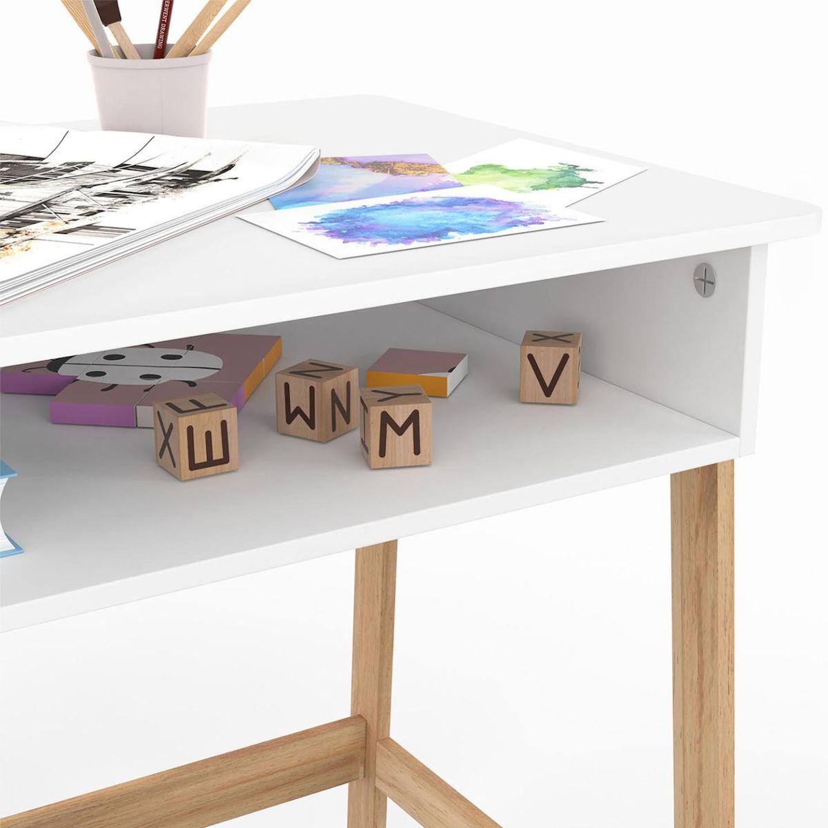 ID MARKET Ensemble bureau enfant ANATOLE avec niche et 1 chaise blanc et bois