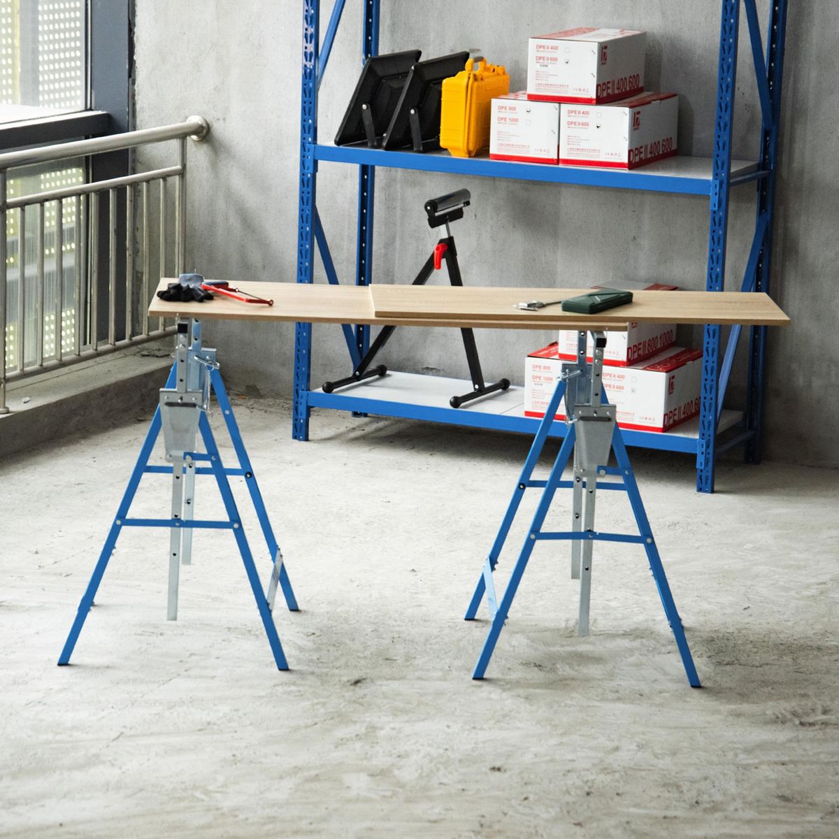 HOMCOM Lot de 2 tréteaux pliables télescopiques hauteur réglable 80-130 cm bleu