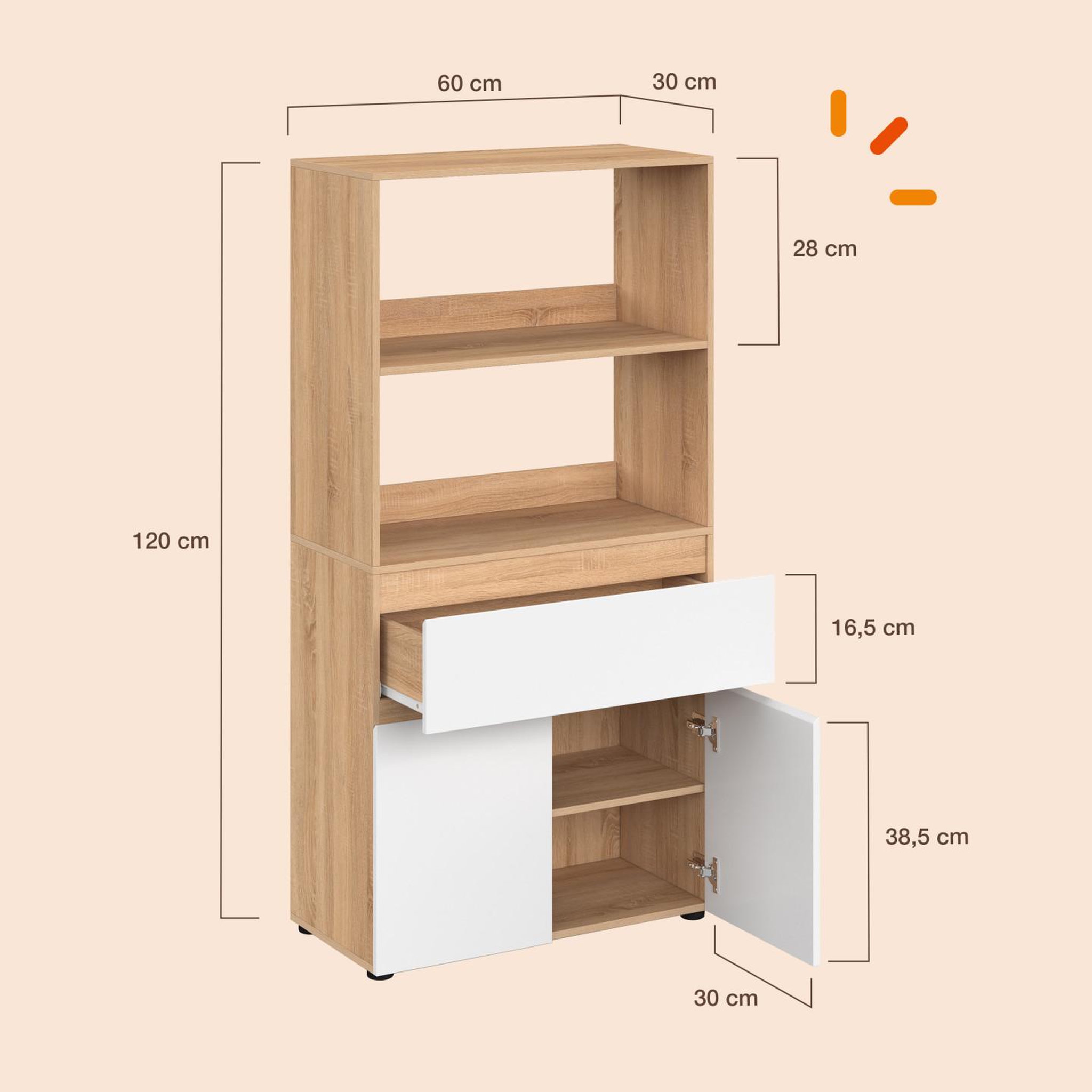 Voir la diapositive 5 : ID MARKET Meuble armoire salle de bain TOMI 2 portes et 1 tiroir avec étagères façon hêtre et blanc