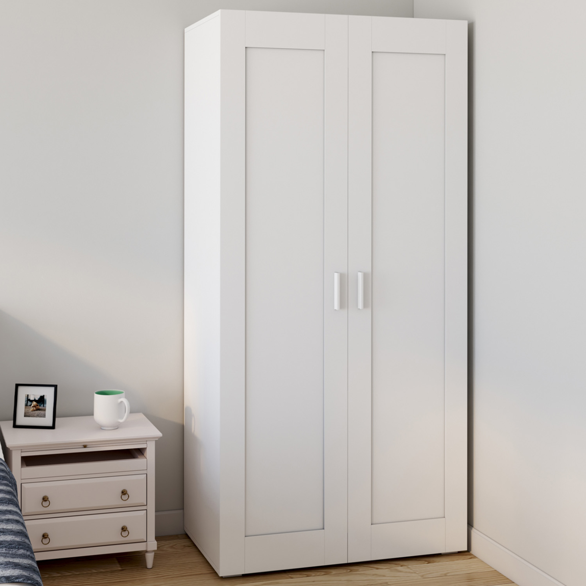 Voir la diapositive 2 : ID MARKET Armoire 2 portes vito blanc penderie 80 cm avec étagères rangement maxi capacité