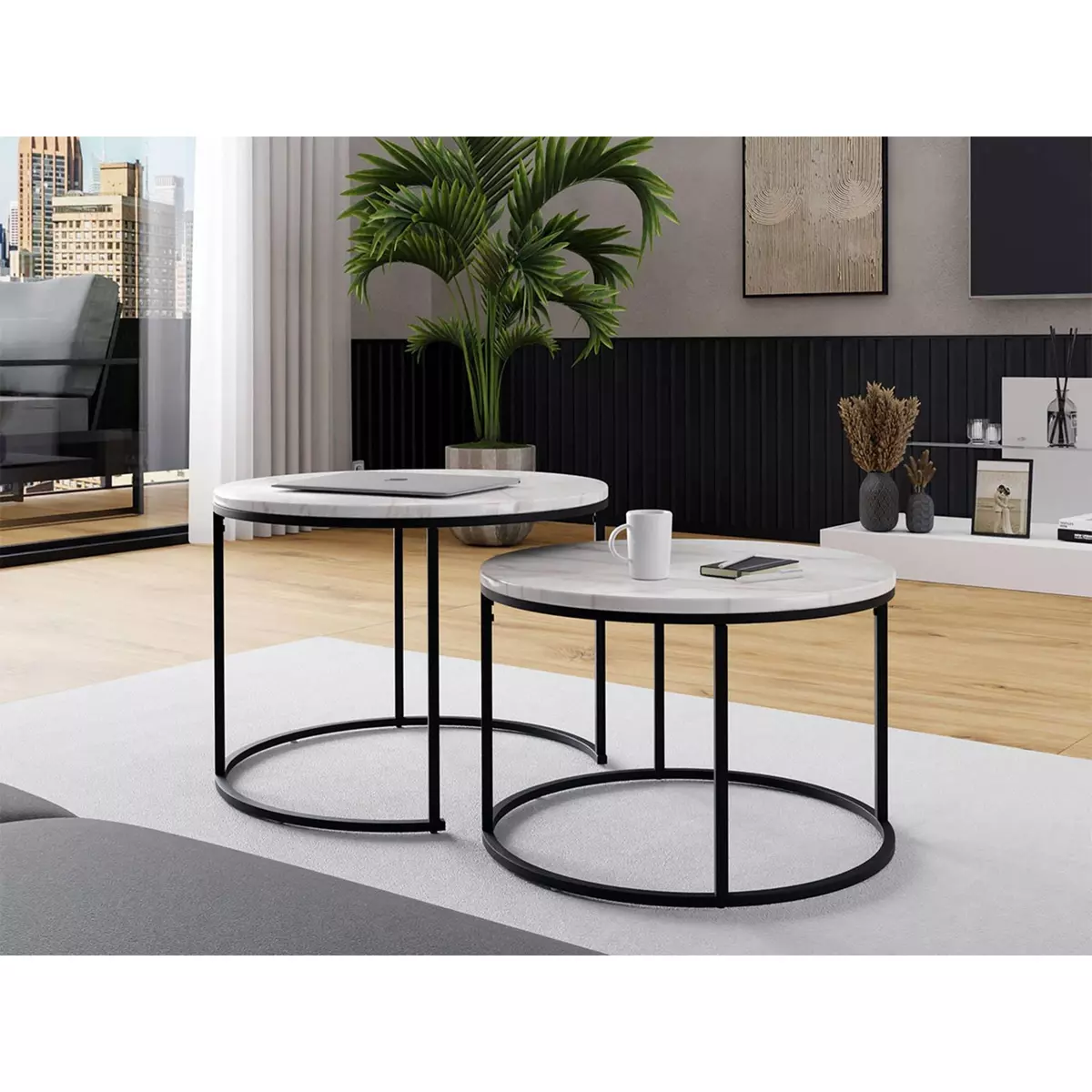 BEST MOBILIER Thalia, tables basses effet marbre et pieds en métal noir -