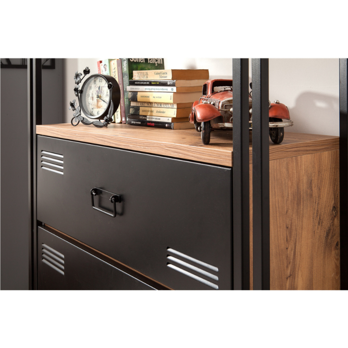 CONCEPT USINE Bibliothèque industrielle avec tiroirs - bois et noir TALI