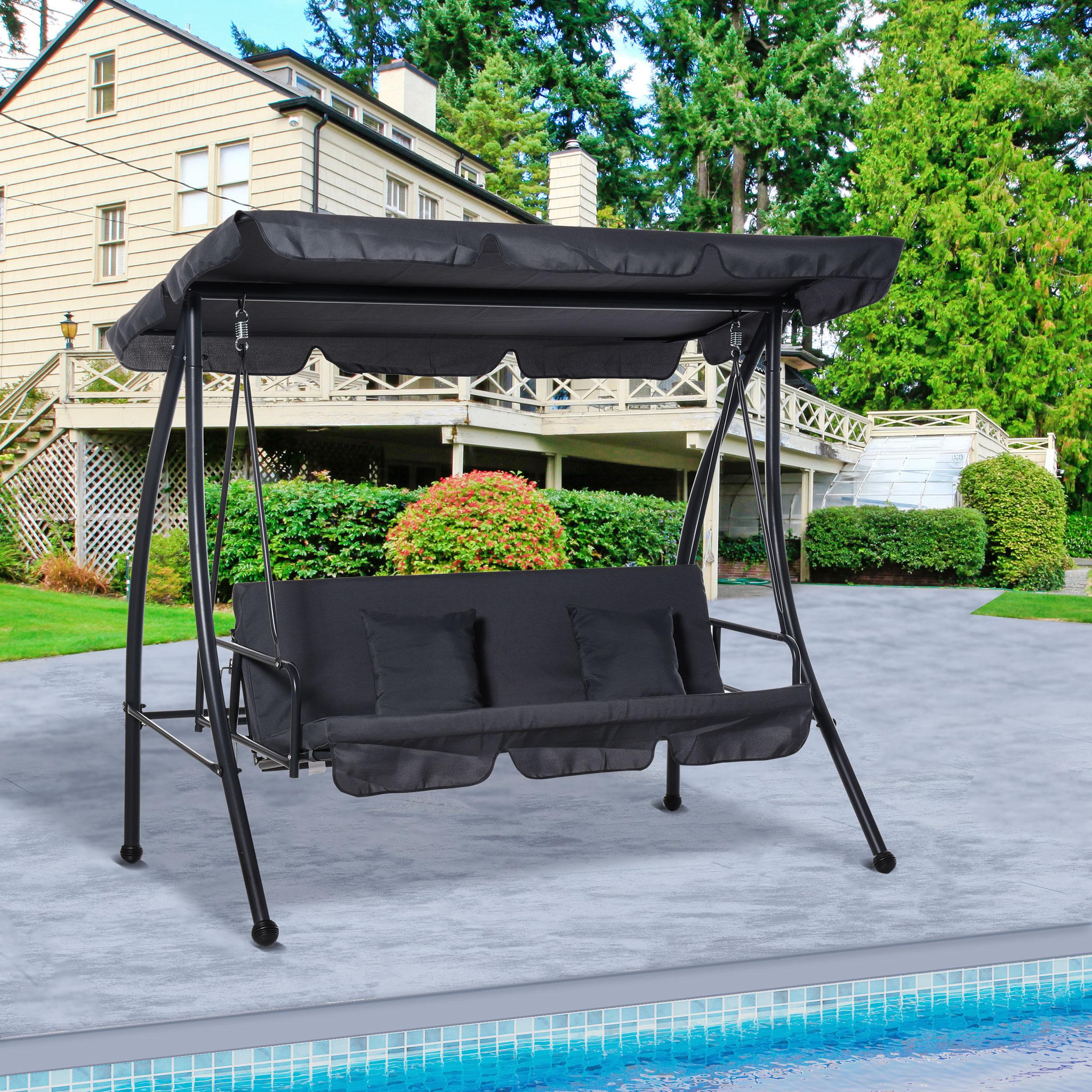 Voir la diapositive 2 : OUTSUNNY Balancelle de jardin convertible 3 places grand confort inclinaison toit réglable matelas fourni 2L x 1,25l x 1,7H m métal polyester noir anthracite