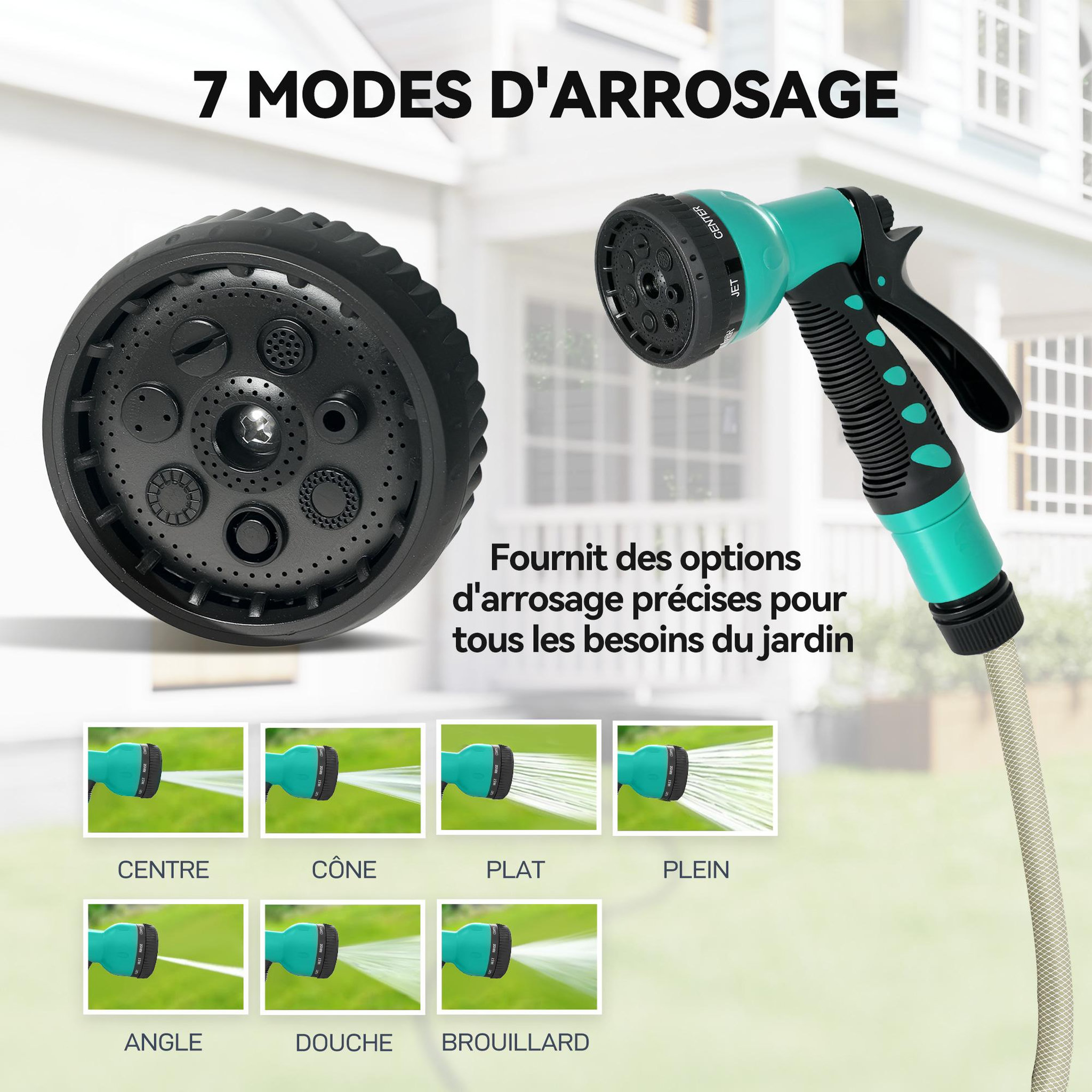 Voir la diapositive 6 : OUTSUNNY Dévidoir mural enrouleur automatique pivotant 180° tuyau 30 + 2 m avec lance arrosage 7 modes support mural intégré gris clair vert