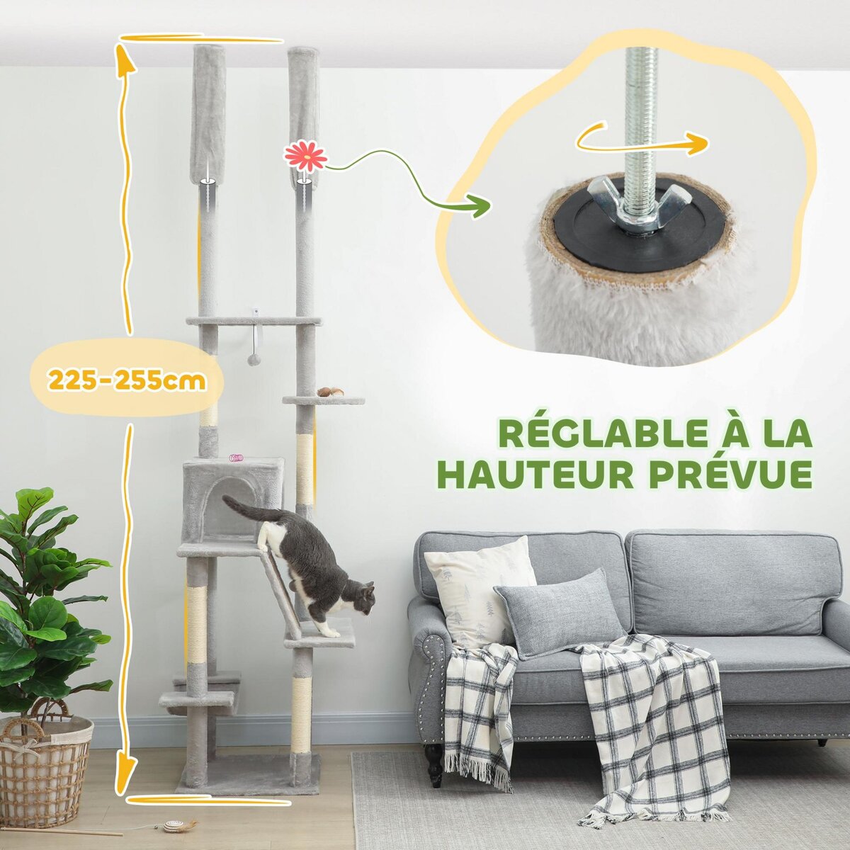 PAWHUT Arbre à chat du sol au plafond XXL, hauteur réglable 225-255 cm, griffoir pour chat en sisal à 6 niveaux avec niche, hamac, plates-formes, échelle et 2 pompons suspendues, gris clair