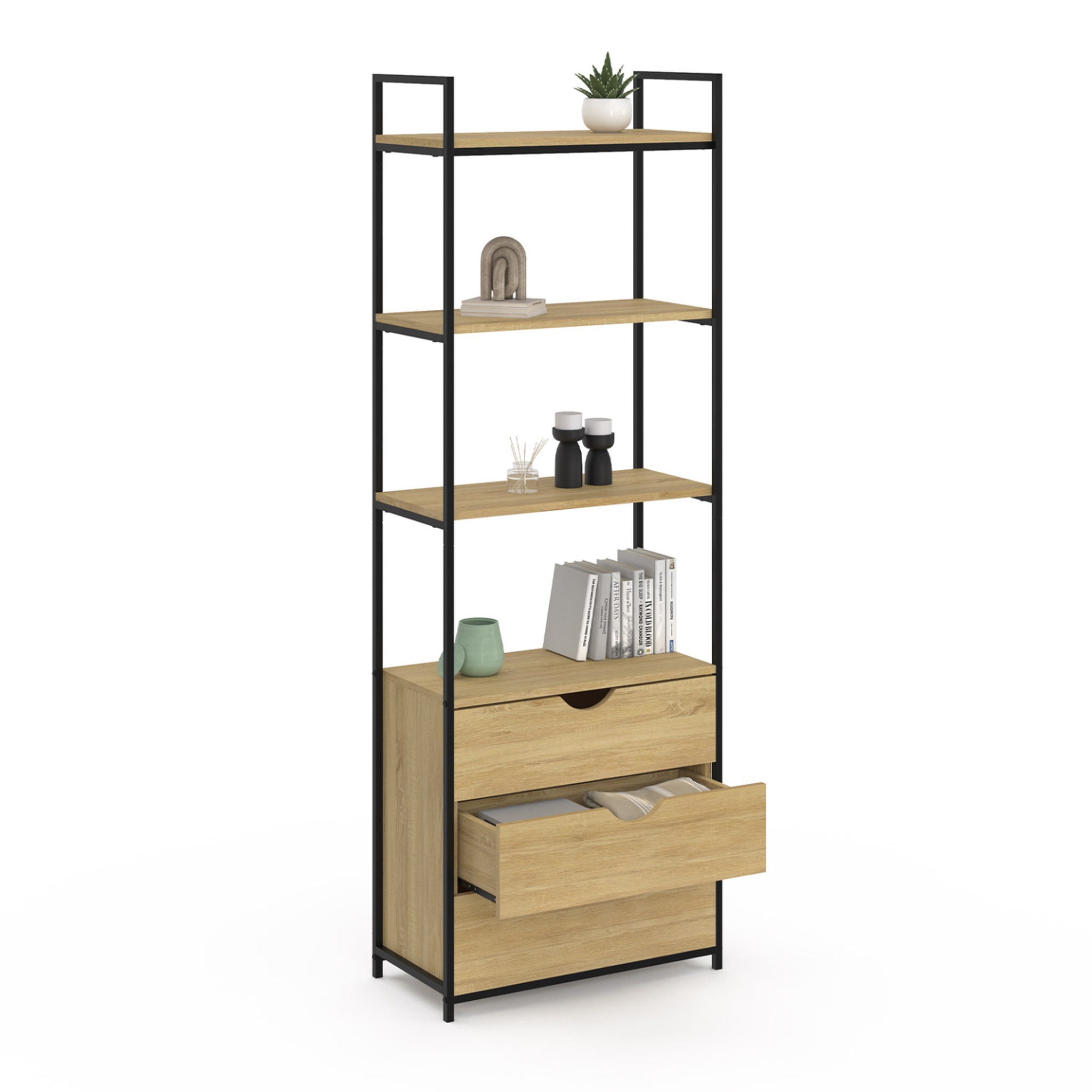 Voir la diapositive 4 : ID MARKET Etagère bibliothèque 4 niveaux avec 3 tiroirs DETROIT design industriel 170 cm