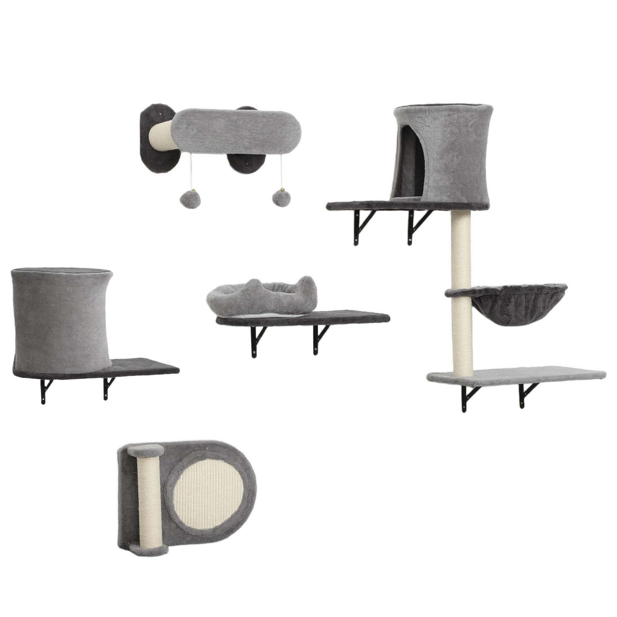 PAWHUT Arbre à chat design mural - parcours mural en bois pour chat 5 pièces variées - crème gris