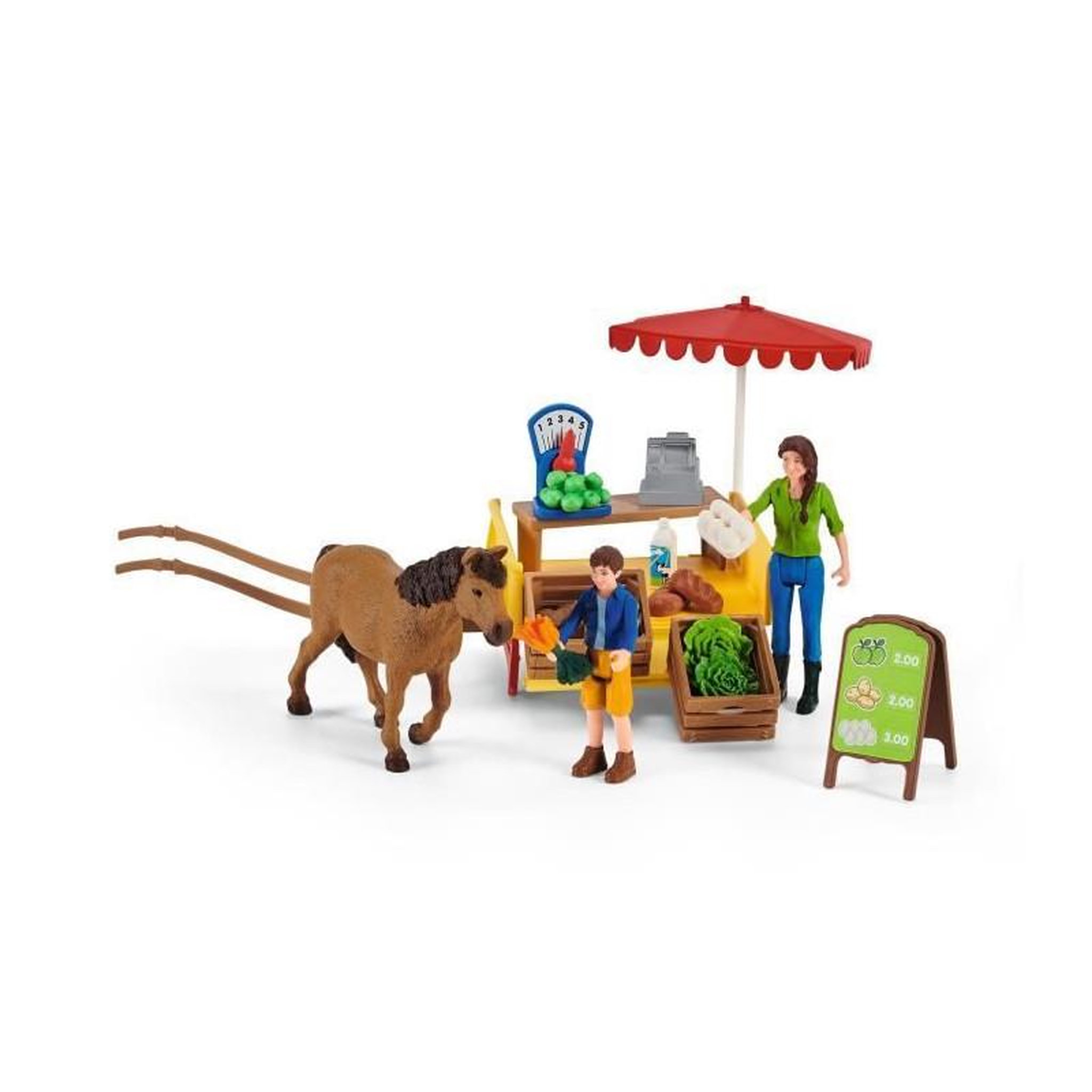 Voir la diapositive 3 : Schleich Étal mobile de la ferme, jeu de ferme avec figurines de fermiers, cheval et étal de marchandises, jouets animaux de la ferme p