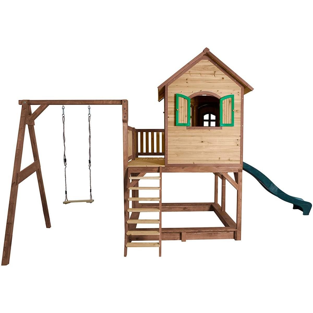 Axi House Axi Maisonnette LIAM Brun Vert avec 1 balancoire toboggan et bac à sable