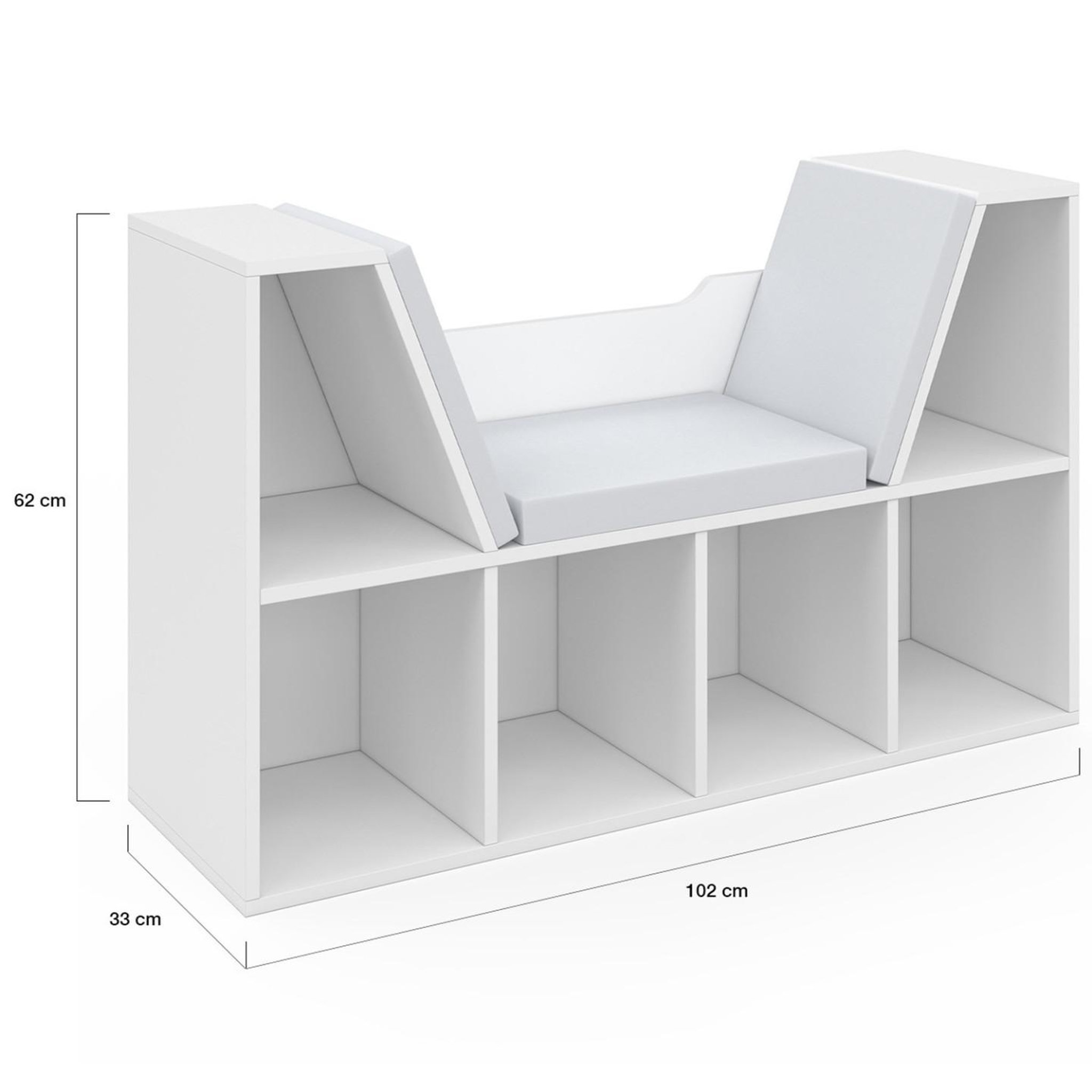 Voir la diapositive 4 : ID MARKET Bibliothèque banc oscar 6 cases avec coussins gris 102 cm blanc