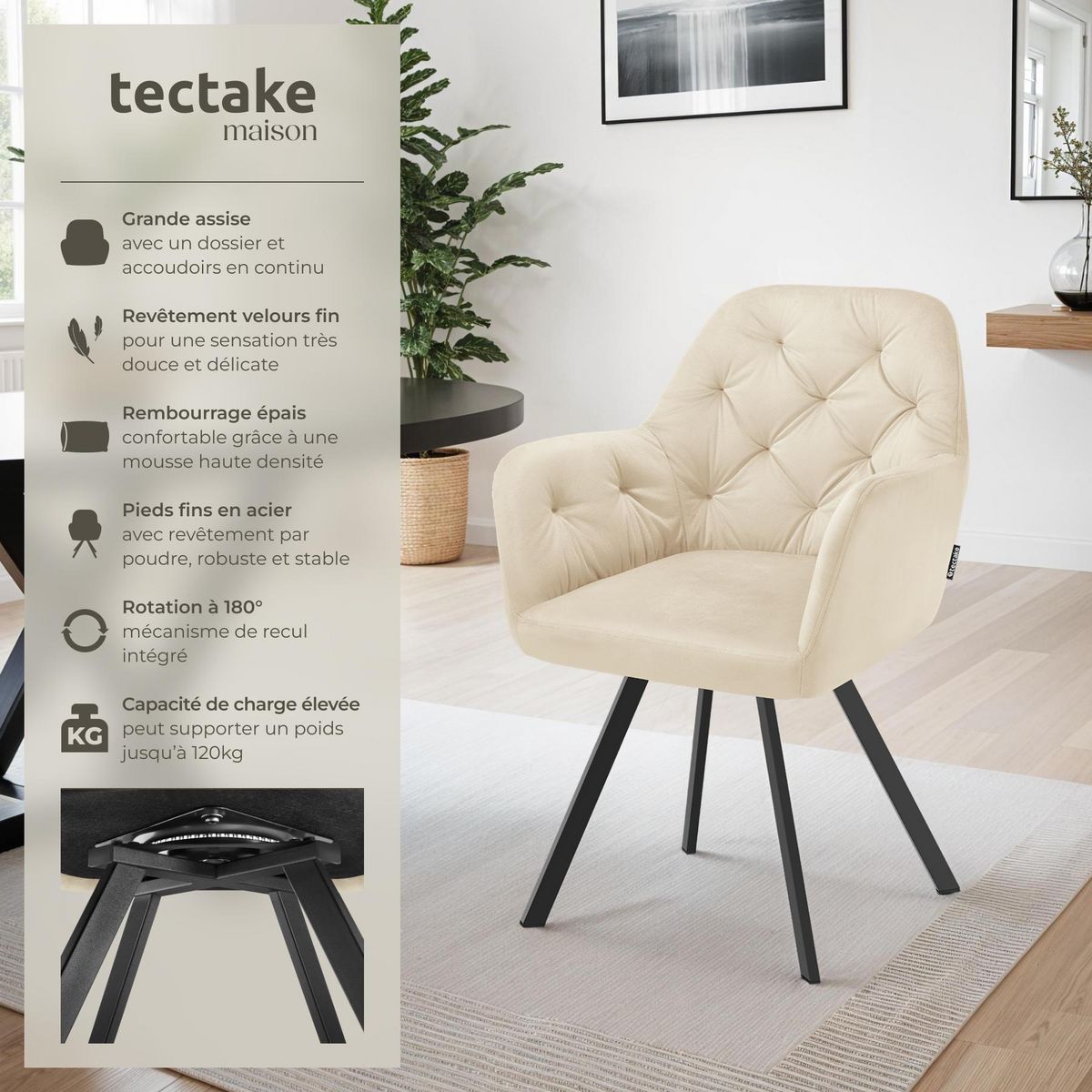 tectake Fauteuil pivotant en velours avec accoudoirs rembourré avec motif matelassé crème Lot de 6