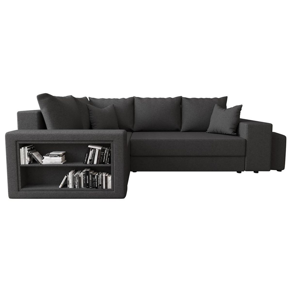 BEST MOBILIER Libbie - canapé d'angle gauche 4 places convertible avec coffre, étagère et poufs en tissu