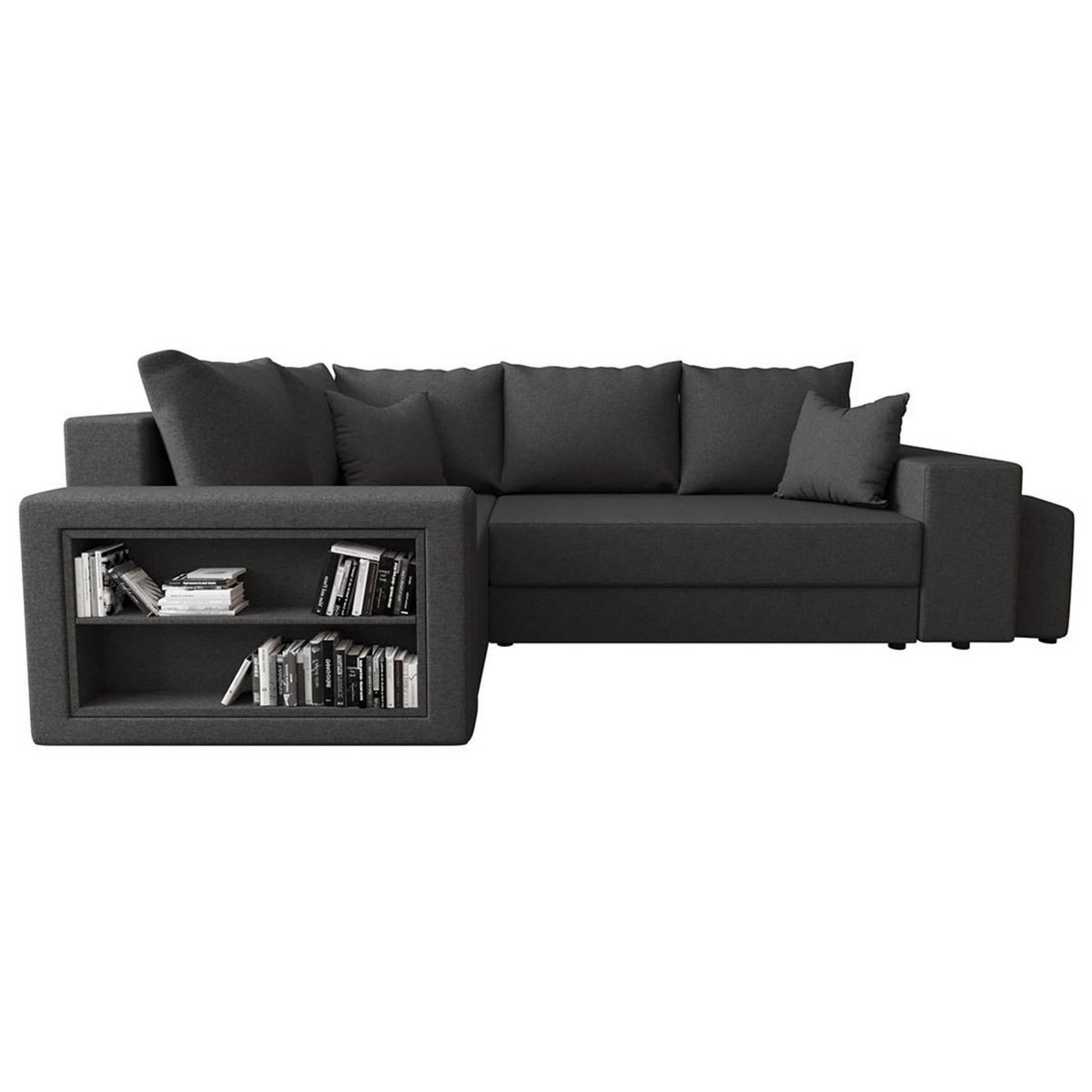 BEST MOBILIER Libbie - canapé d'angle gauche 4 places convertible avec coffre, étagère et poufs en tissu