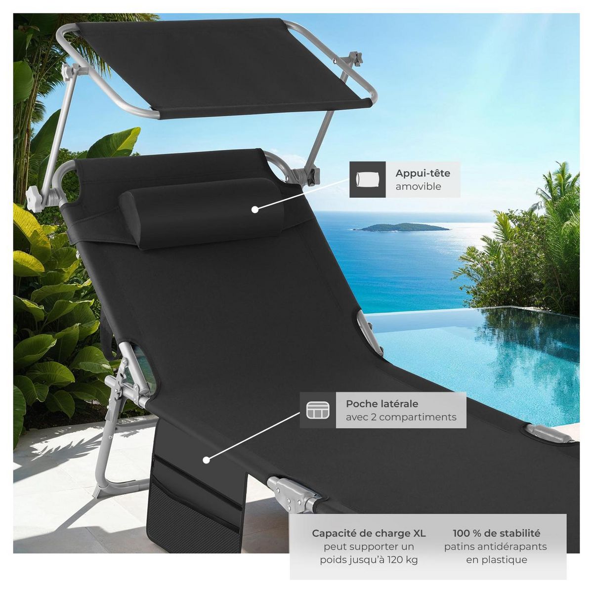 tectake Bain de soleil pliable noir