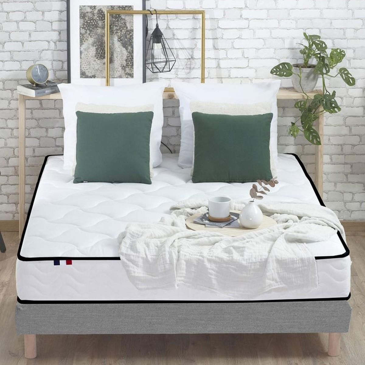 IDLITERIE Ensemble Matelas Ressorts + Mémoire de forme + sommier ELOISE Made in France 140 x 190 Sommier Gris chiné
