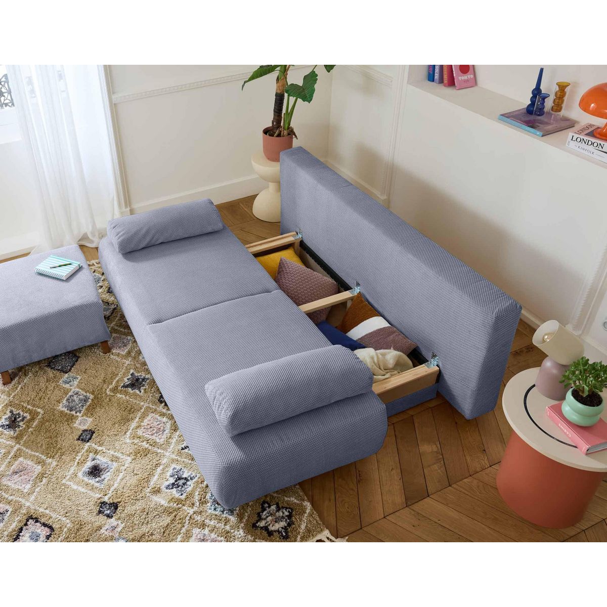 BEST MOBILIER Cristal - canapé 3 places - convertible avec coffre et pouf - en velours texturé