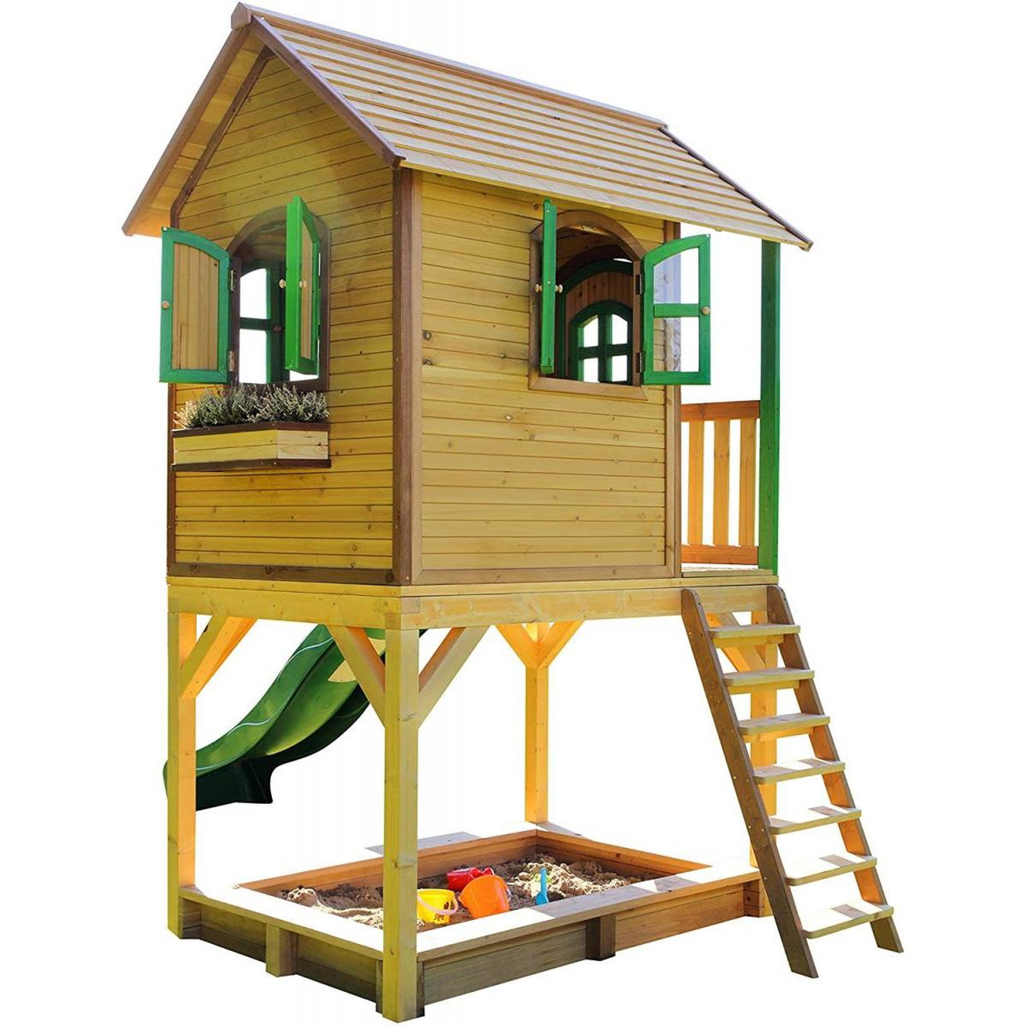 Voir la diapositive 4 : Axi House AXI Maisonnette SARAH Brun vert avec toboggan et bac à sable