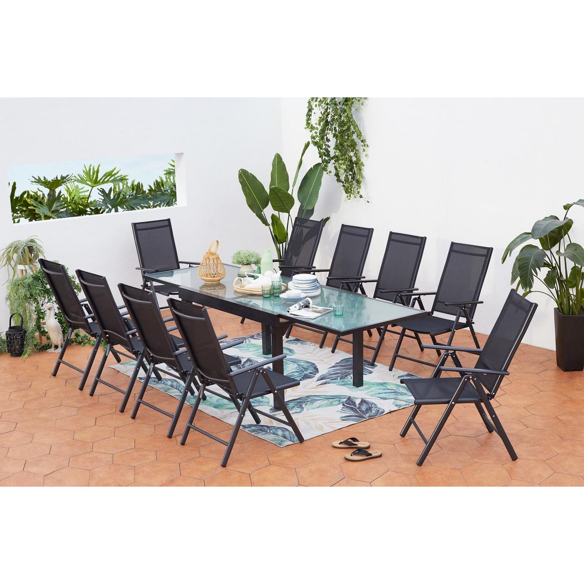 CONCEPT USINE Table de jardin extensible 10 fauteuils en alu et toile PVC BRESCIA