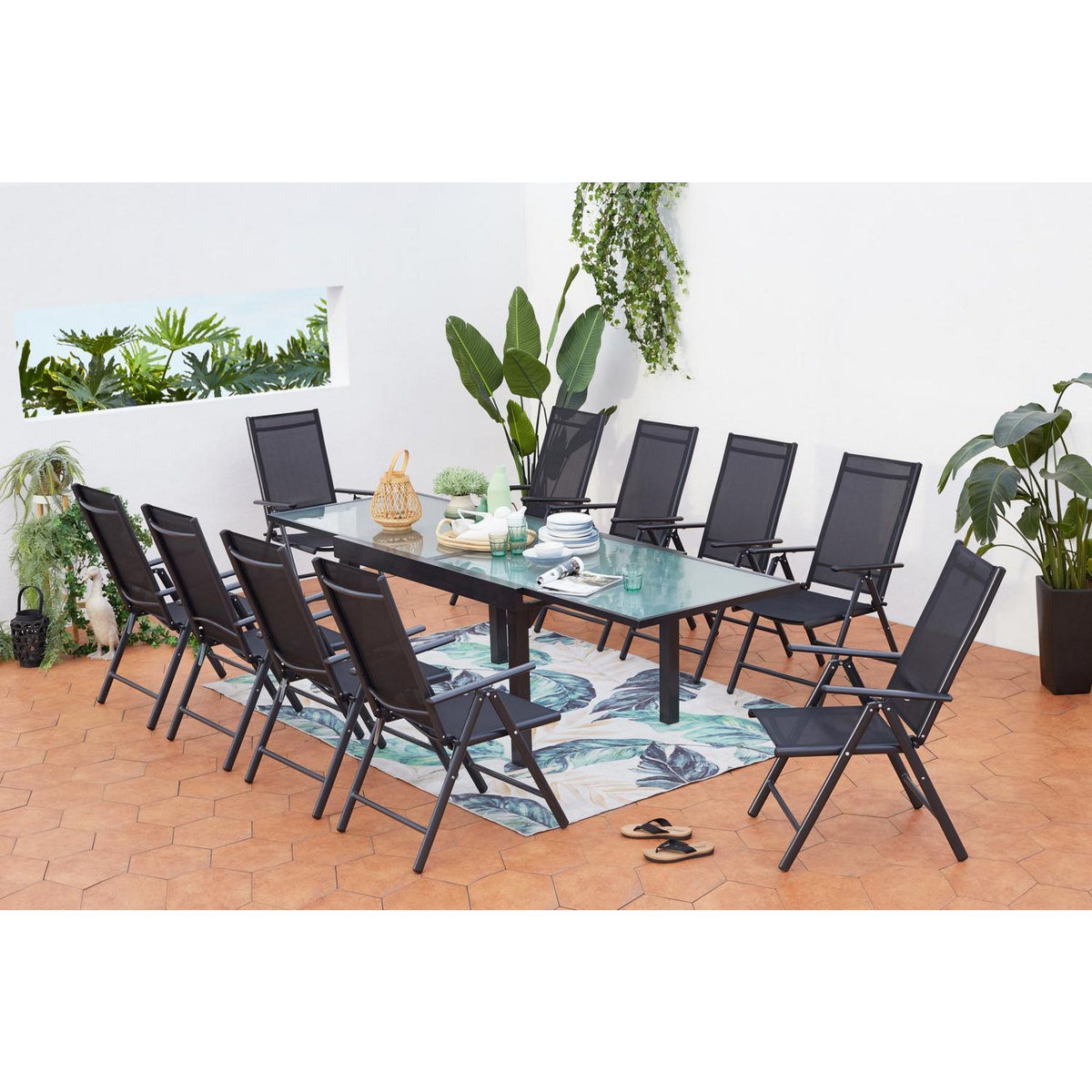 CONCEPT USINE Table de jardin extensible 10 fauteuils en alu et toile PVC BRESCIA