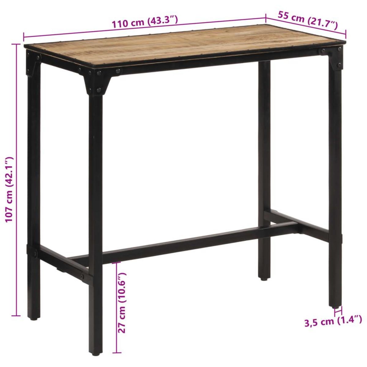 VIDAXL Table de bar 110x55x107 cm bois de manguier massif brut