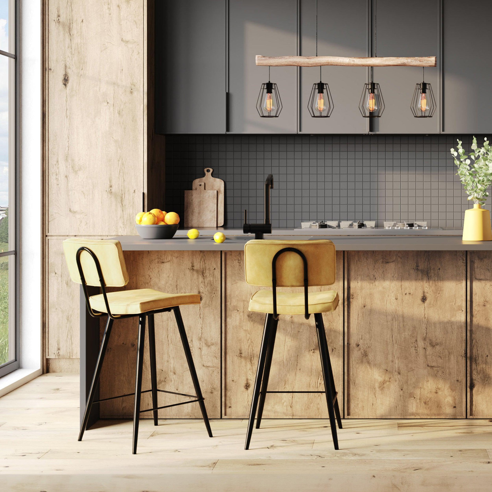 Voir la diapositive 6 : MAISON PAVANE Lot de 2 chaises de bar mi-hauteur 66 cm en cuir synthétique jaune-texas
