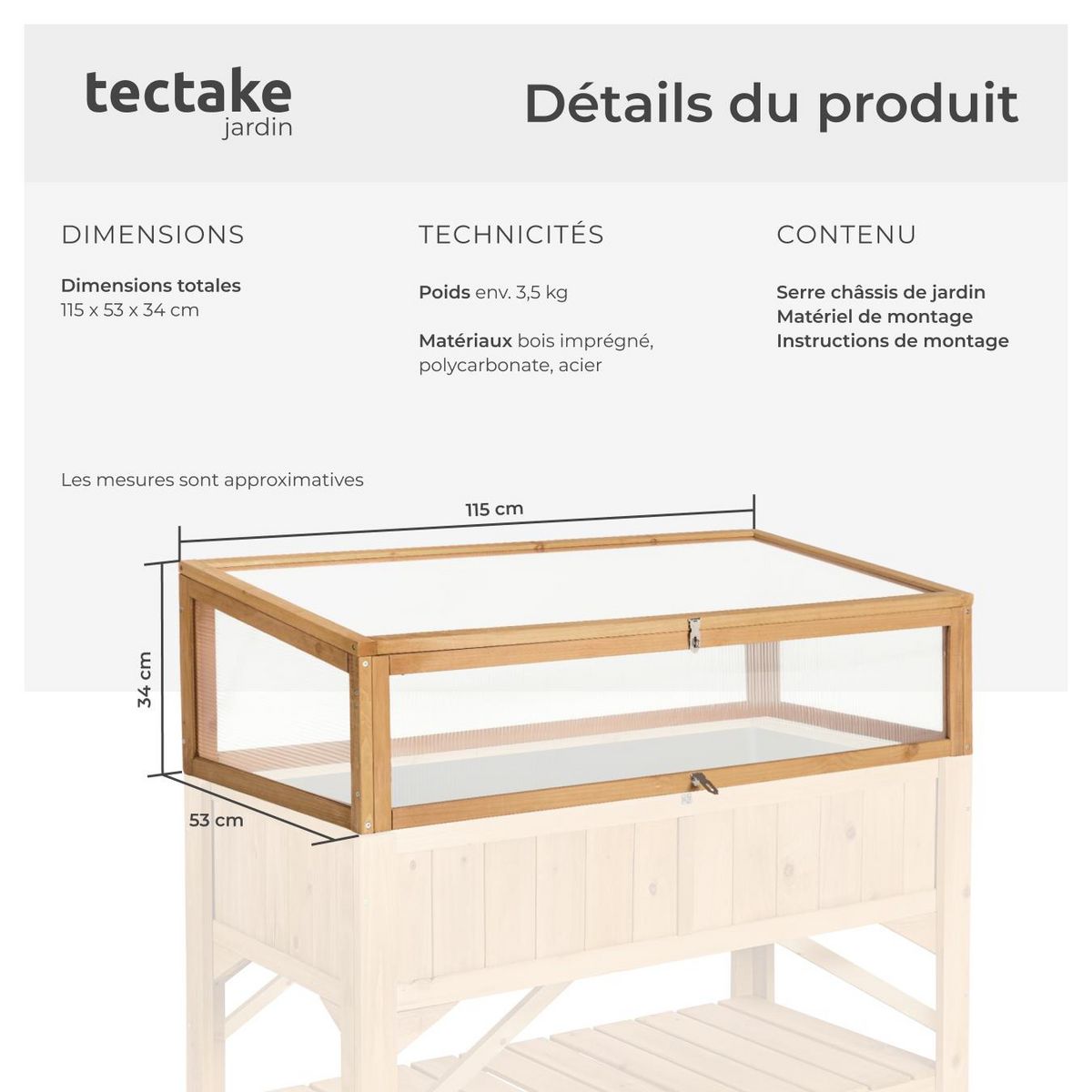 tectake Serre châssis de jardin pour carré potager en bois de pin imprégné marron