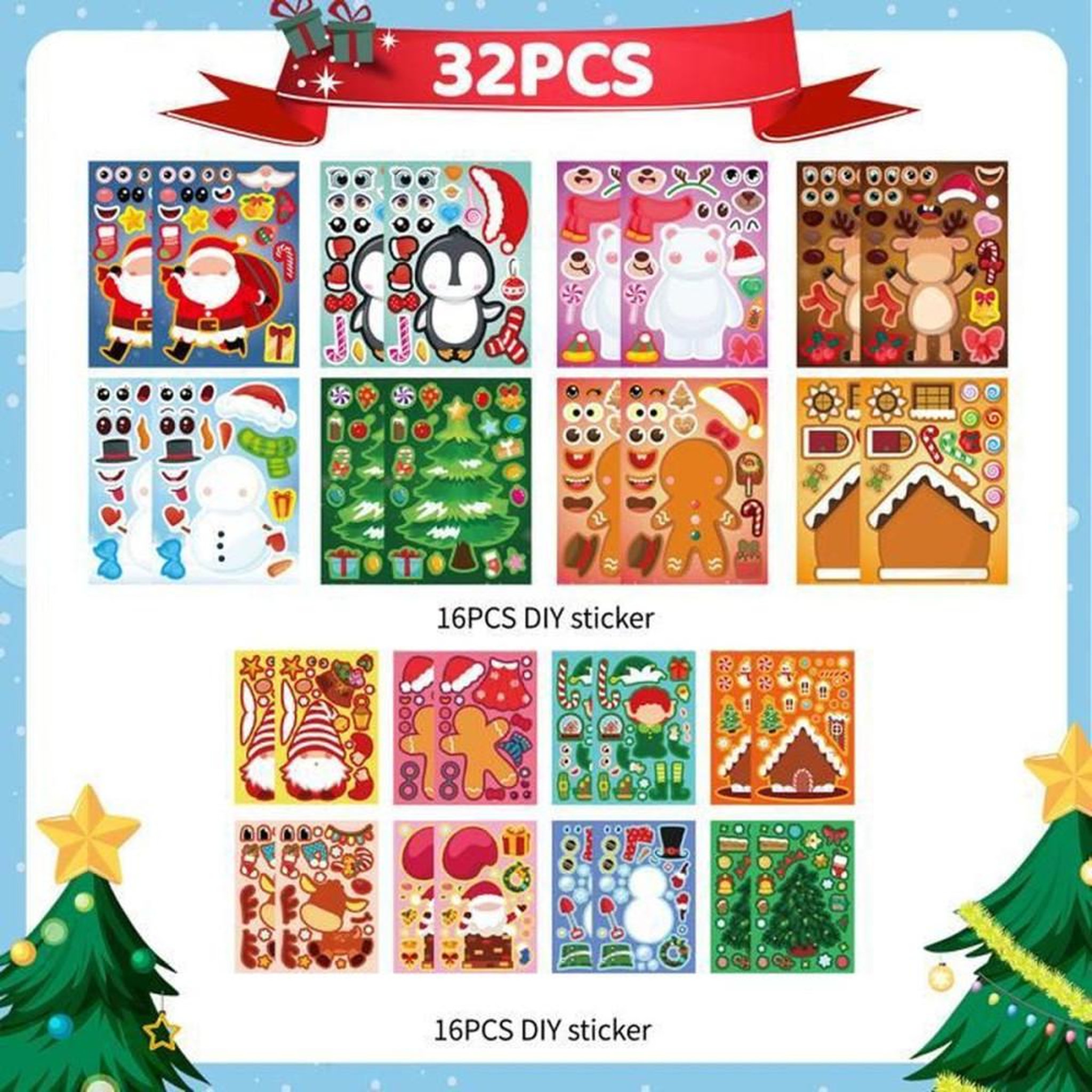 Voir la diapositive 2 : Set de stickers Noël DIY 32 pièces, 16 motifs colorés (Père Noël, rennes, bonhommes en pain d'épices)