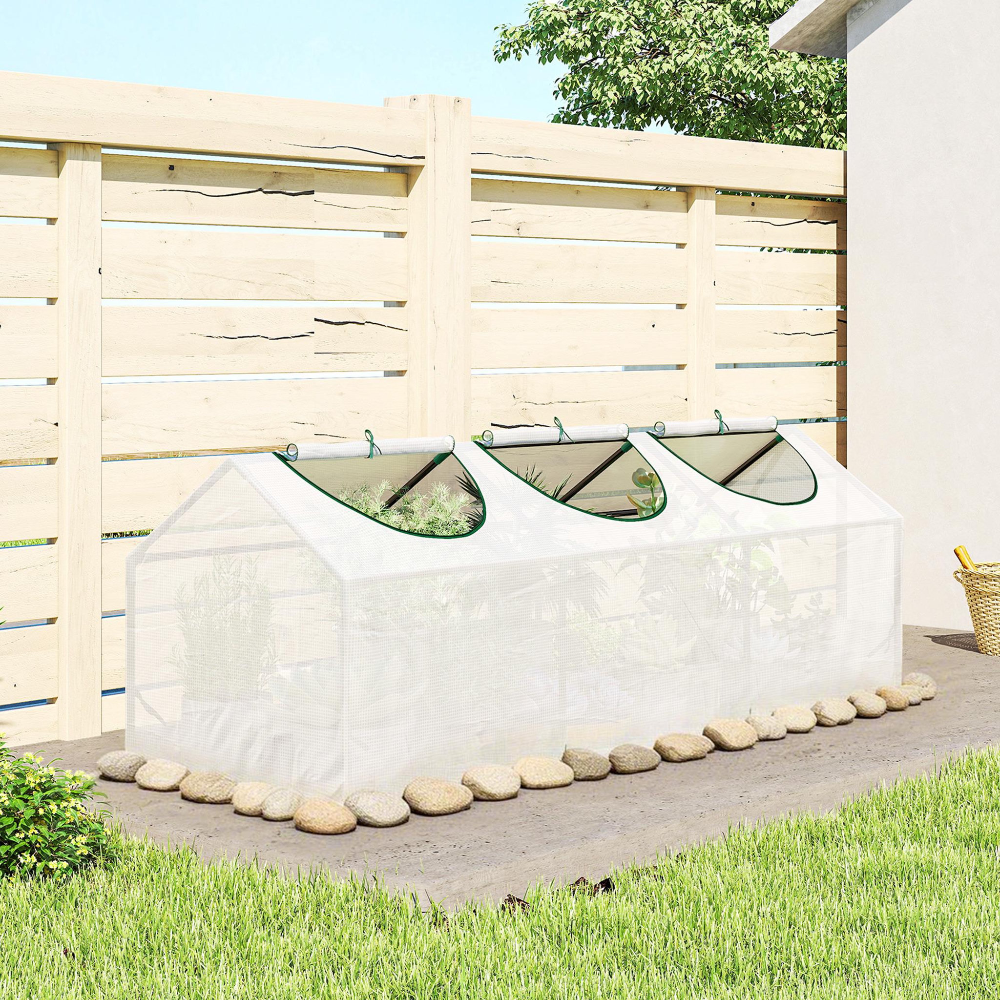 Voir la diapositive 2 : OUTSUNNY Mini serre de jardin serre à tomates 180 x 60 x 60 cm 3 fenêtres zippées enroulables acier thermolaqué pe haute densité blanc