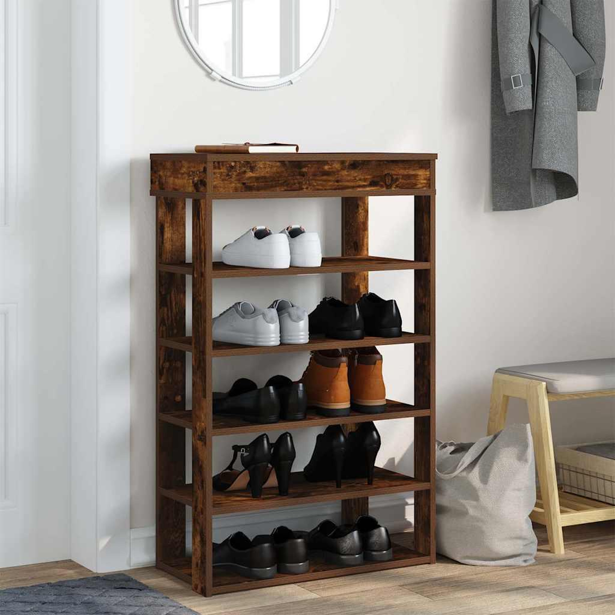 Voir la diapositive 3 : VIDAXL Etagere a chaussures chene fume 60x30x98 cm bois d'ingenierie