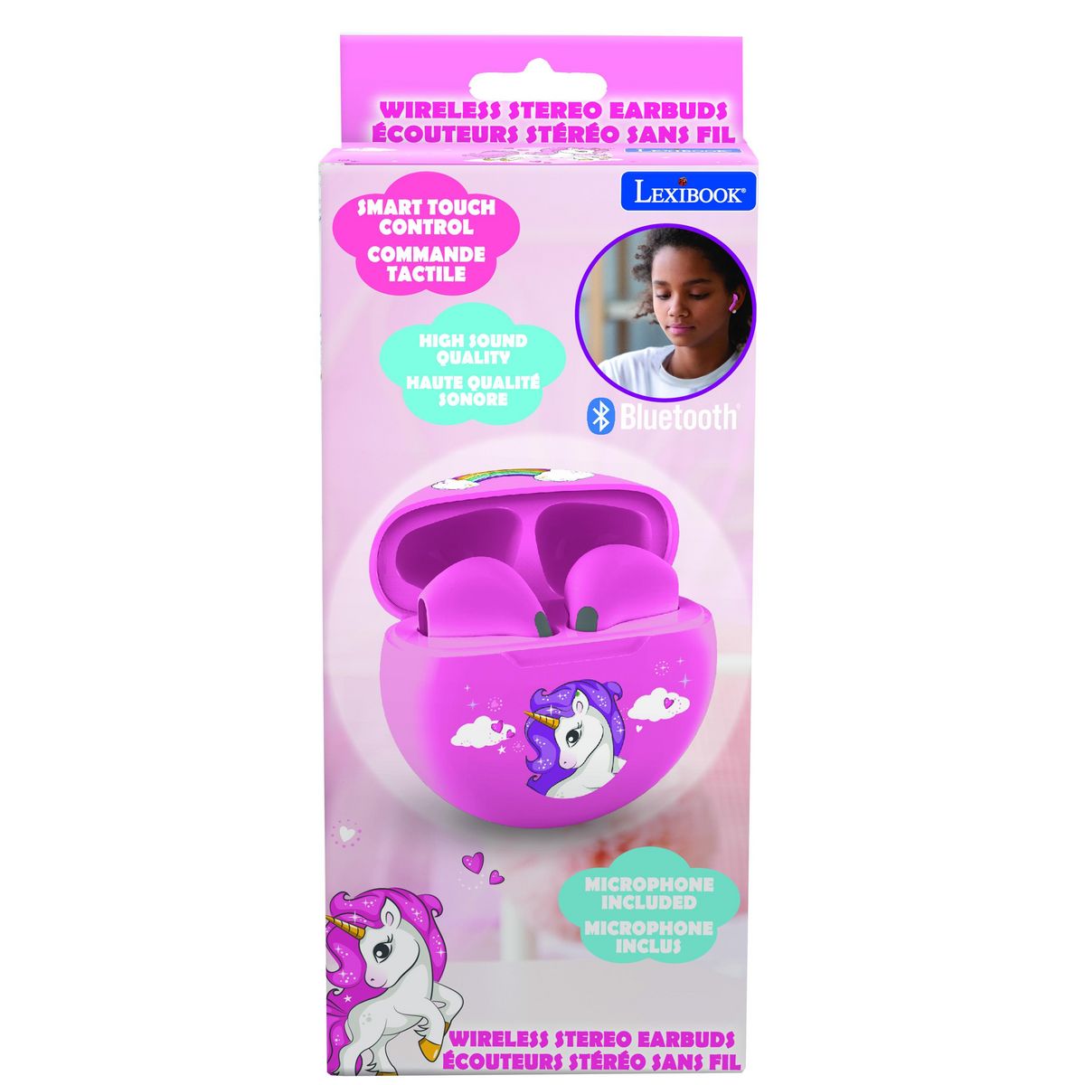 Lexibook Écouteurs sans fil Bluetooth Licorne avec étui de chargement et de rangement