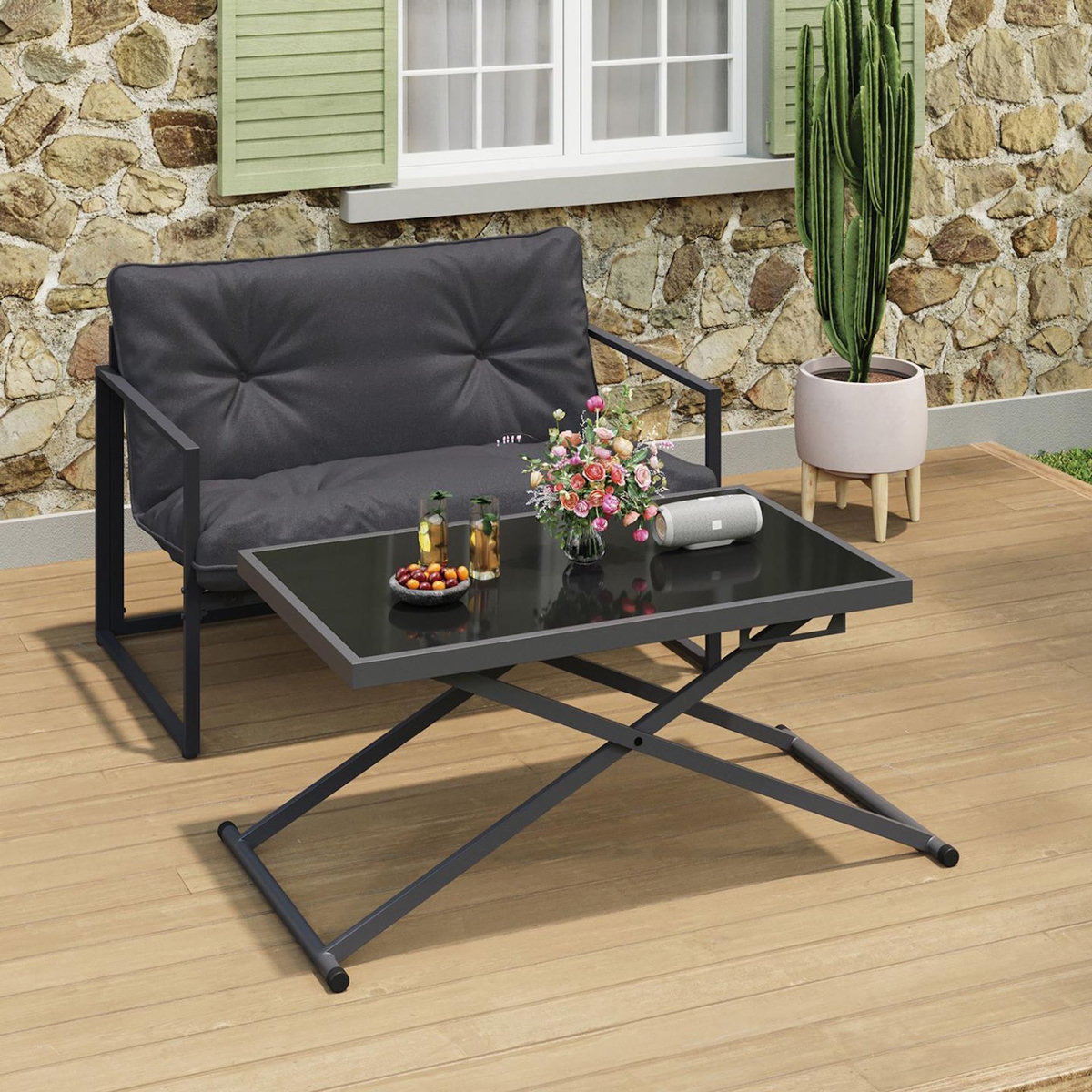 ID MARKET Table de jardin relevable rectangulaire 100 cm OLIE en métal gris anthracite et plateau gris
