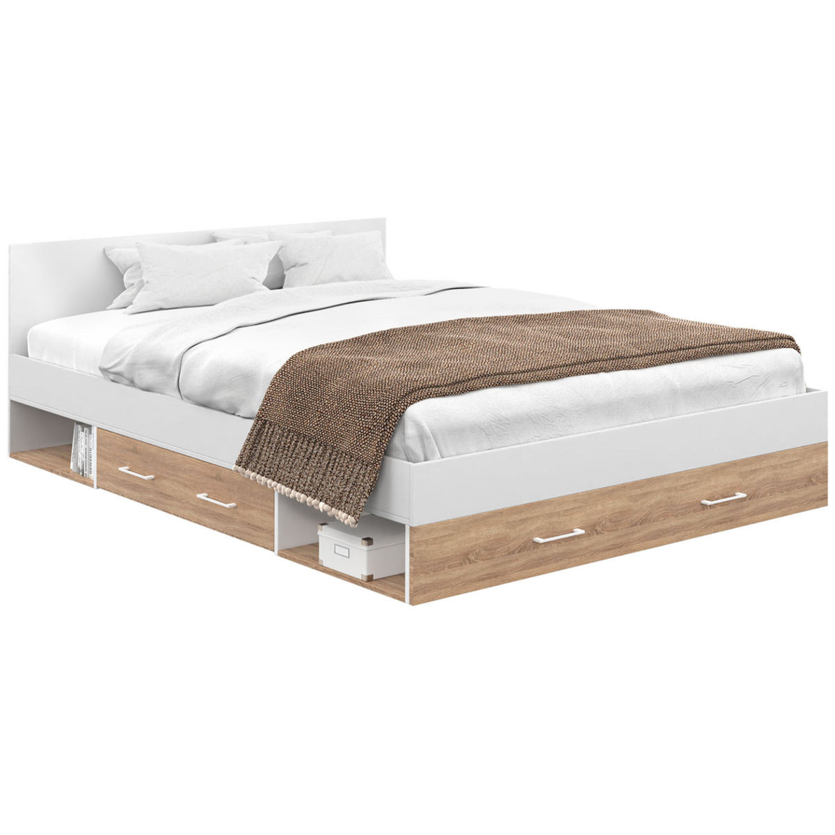 ID MARKET Lit double MINEA avec tiroirs + niches de rangement + tête de lit et sommier 140 x 190 cm façon hêtre et blanc