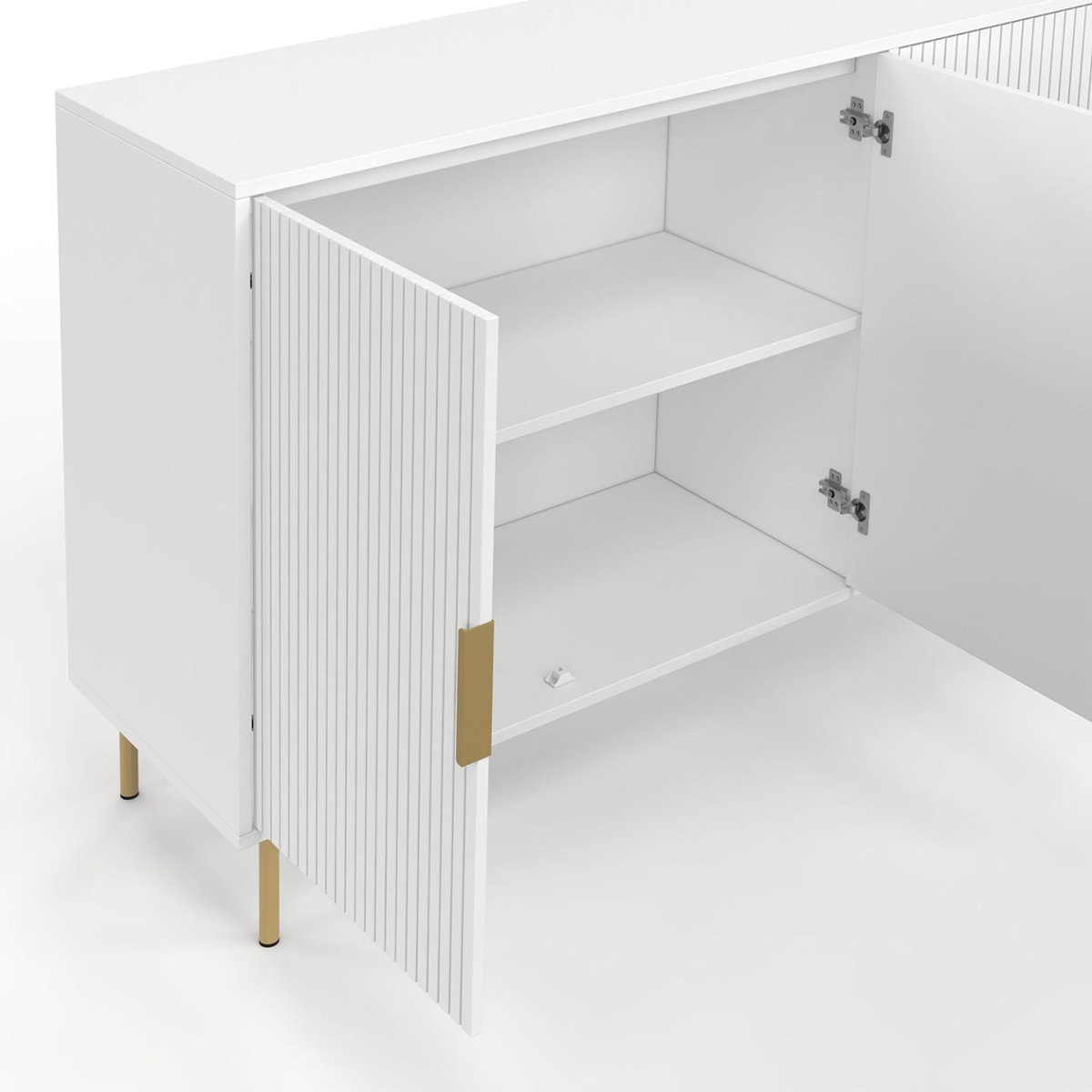 ID MARKET Buffet 160 cm MARCEL 4 portes blanc effet lattes et finitions dorées