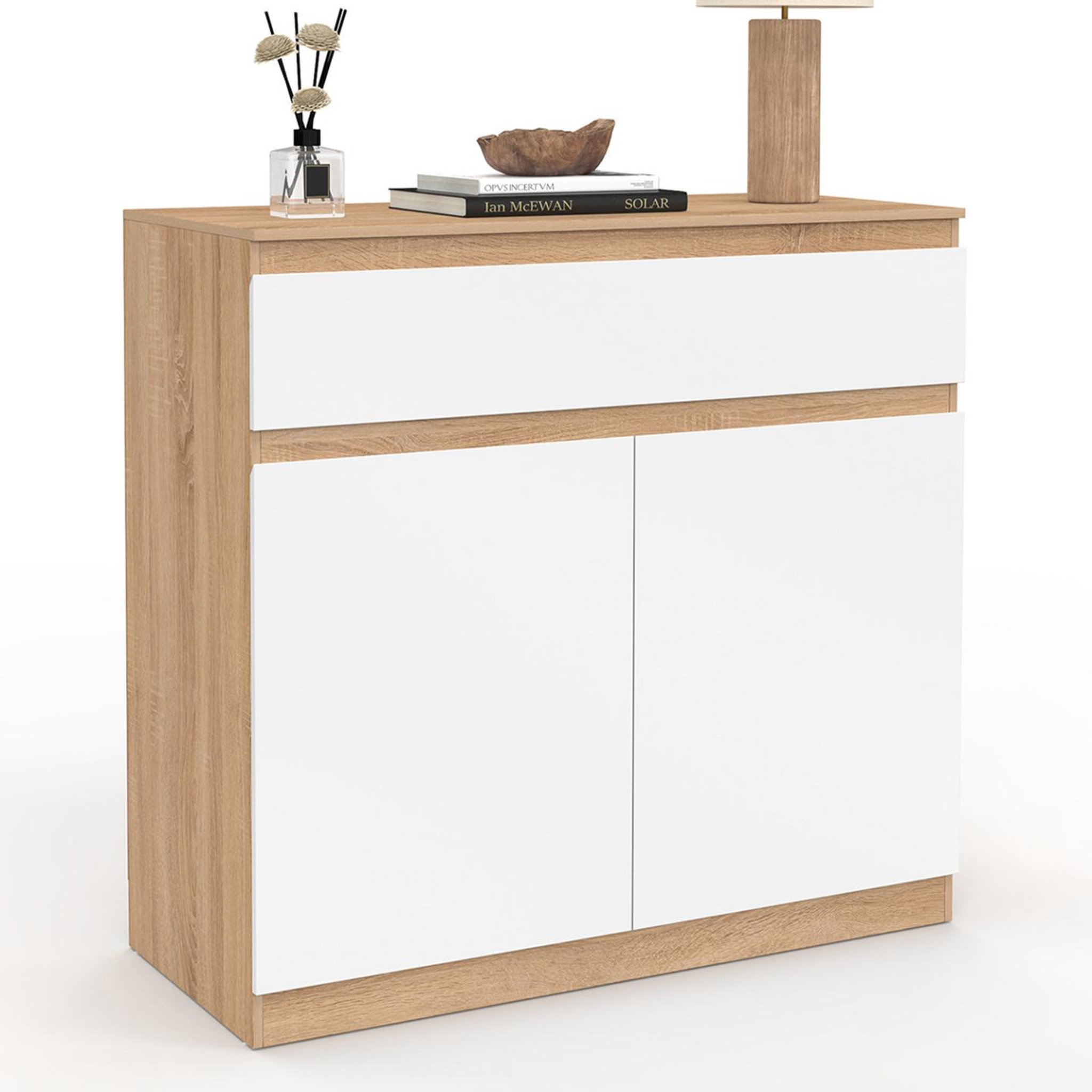 ID MARKET Armoire à chaussures 12 paires tomi 2 portes et 1 tiroir façon hêtre et blanc