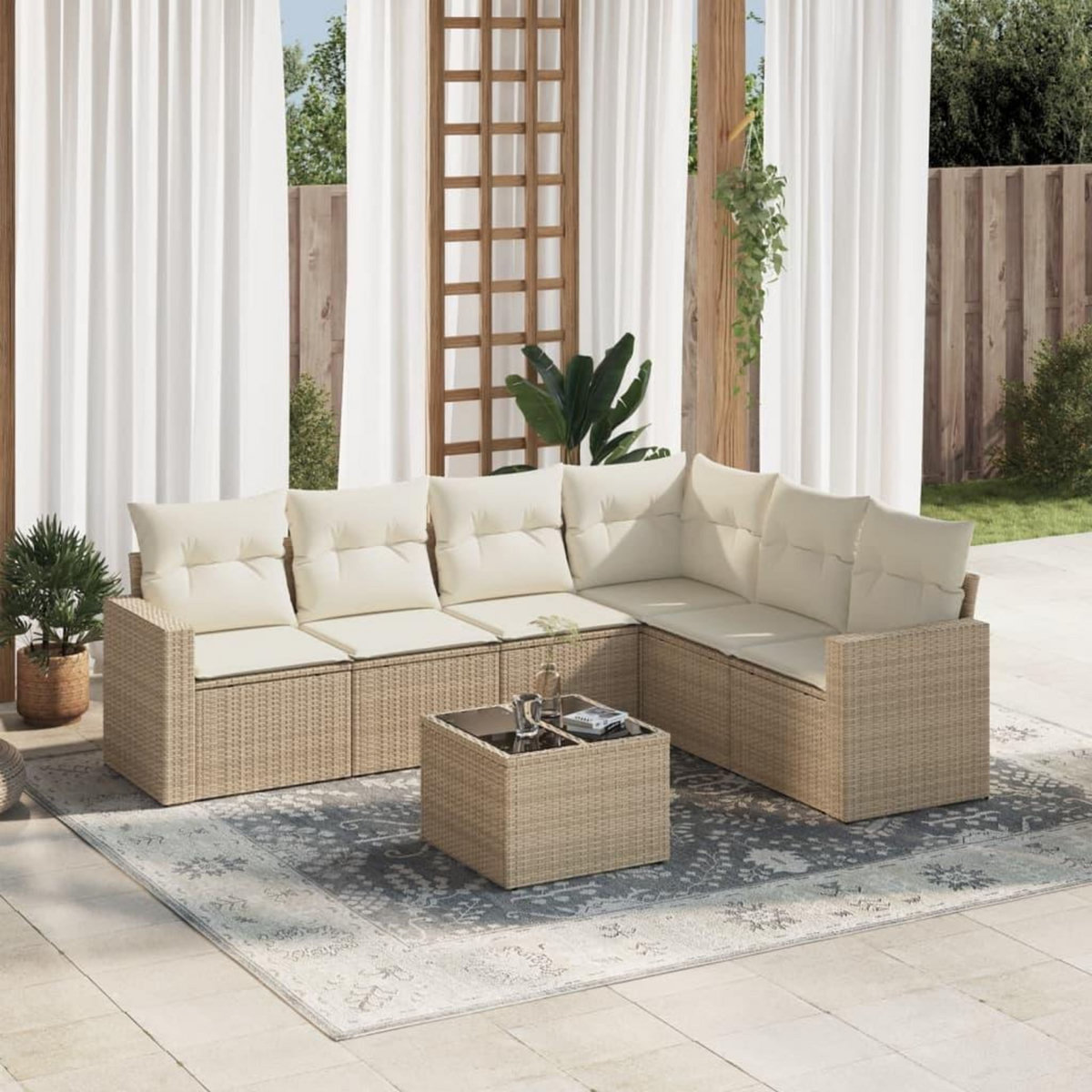 VIDAXL Salon de jardin avec coussins 7 pcs beige resine tressee