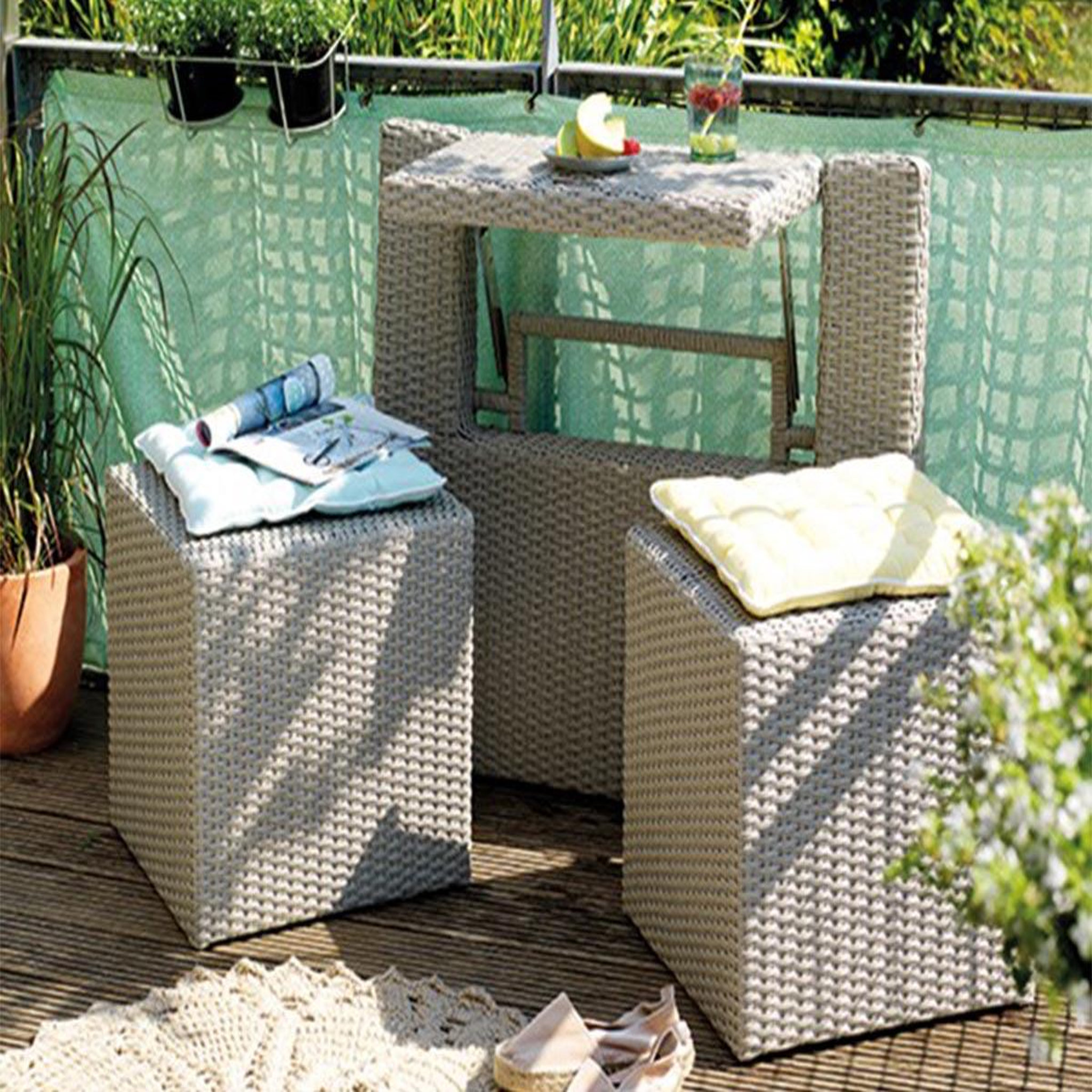Voir la diapositive 3 : JARDIDECO Ensemble de balcon table et pouf ou banc gris java - jardideco
