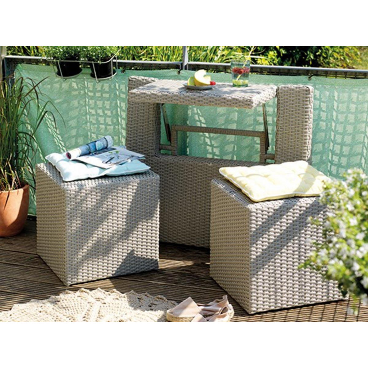 JARDIDECO Ensemble de balcon table et pouf ou banc Gris Java - Jardideco