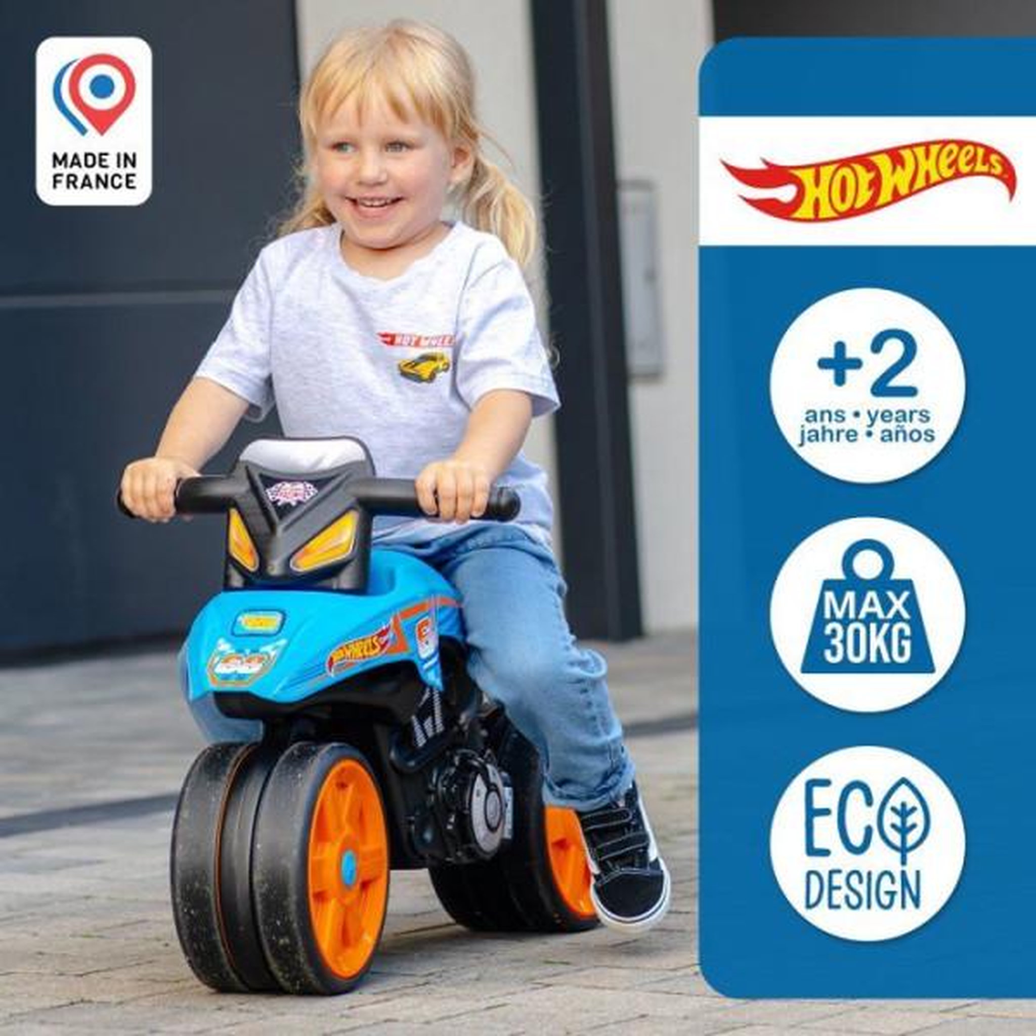 Voir la diapositive 5 : FALK Draisienne velo  - roues silencieuses - falk - moto hot wheels - plastique recyclé - guidon directionnel - bleu