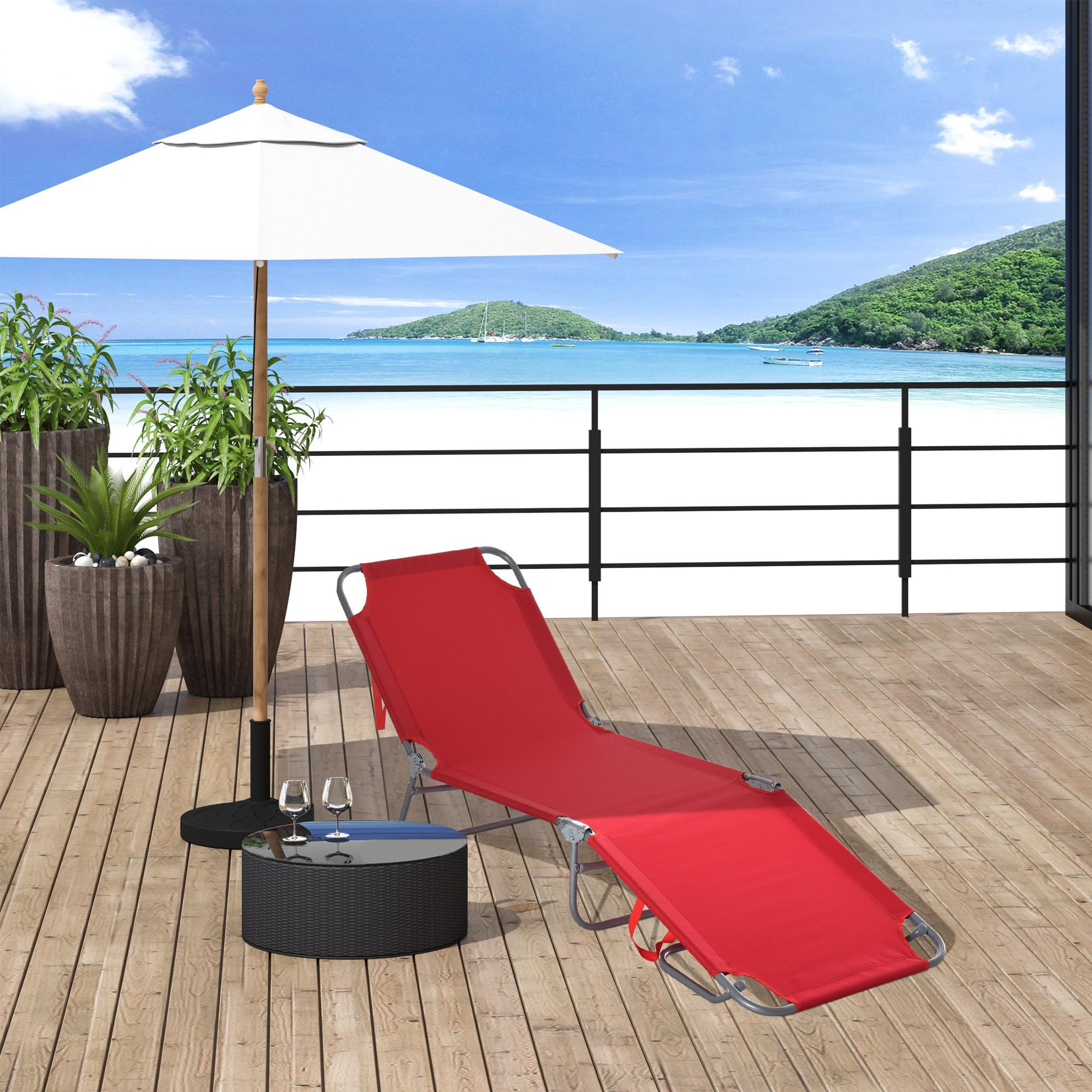 Voir la diapositive 2 : OUTSUNNY Bain de soleil transat pliable dossier réglable multipositions métal et polyester rouge