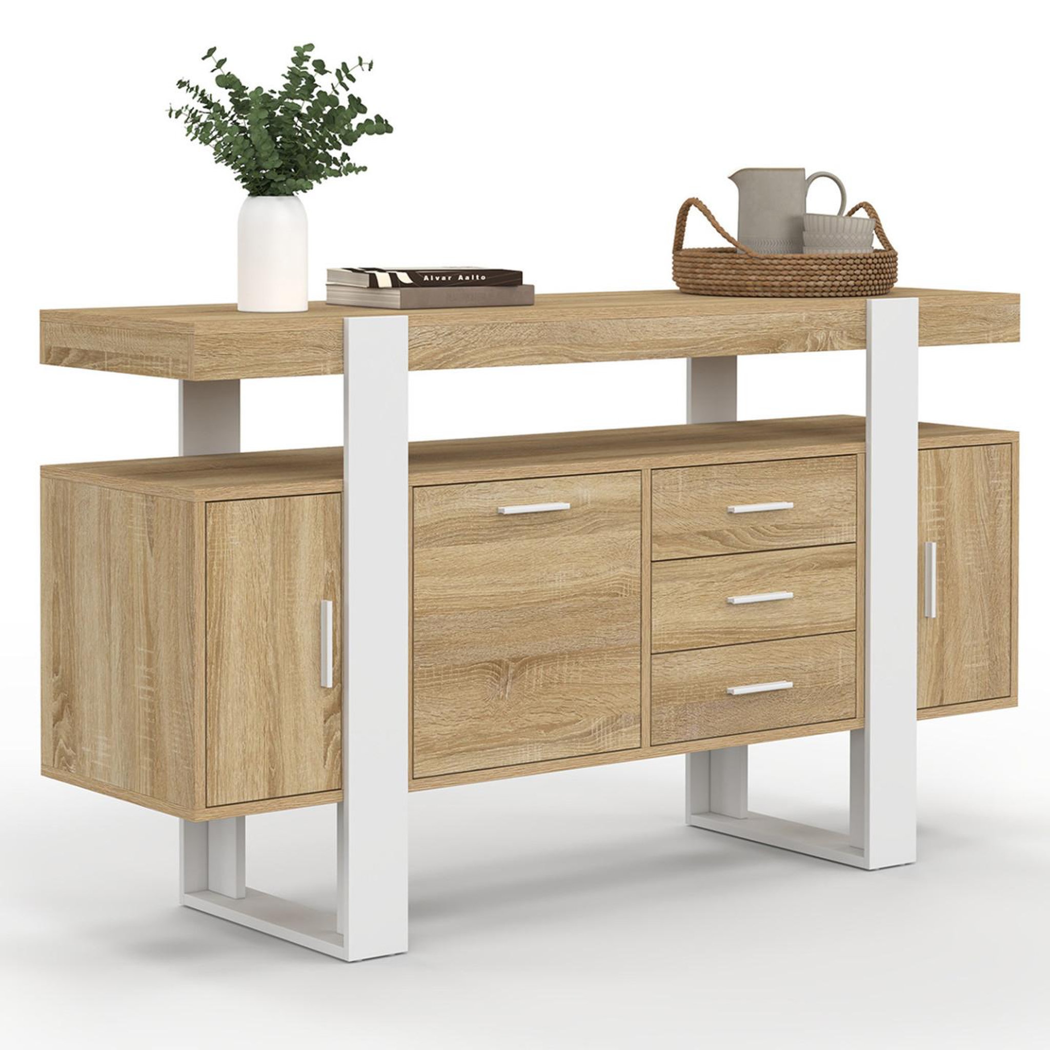 Voir la diapositive 1 : ID MARKET Buffet 140 cm phoenix 3 portes et 3 tiroirs bois et blanc