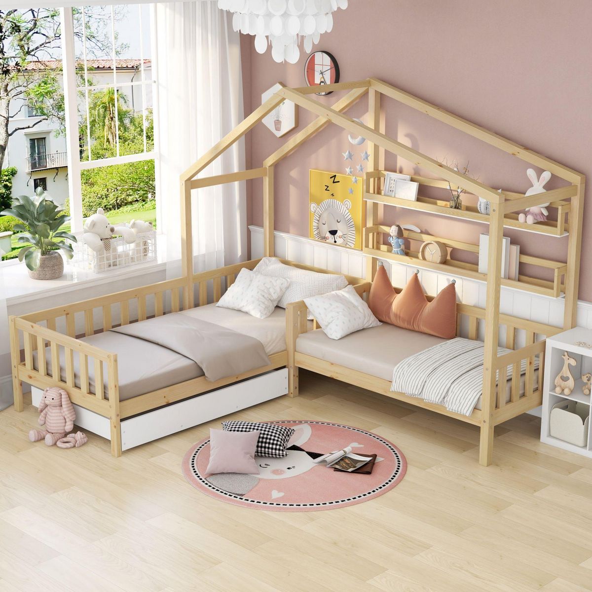 MERAX Lit cabane enfant 90x200(70x140)cm pin coloris naturel