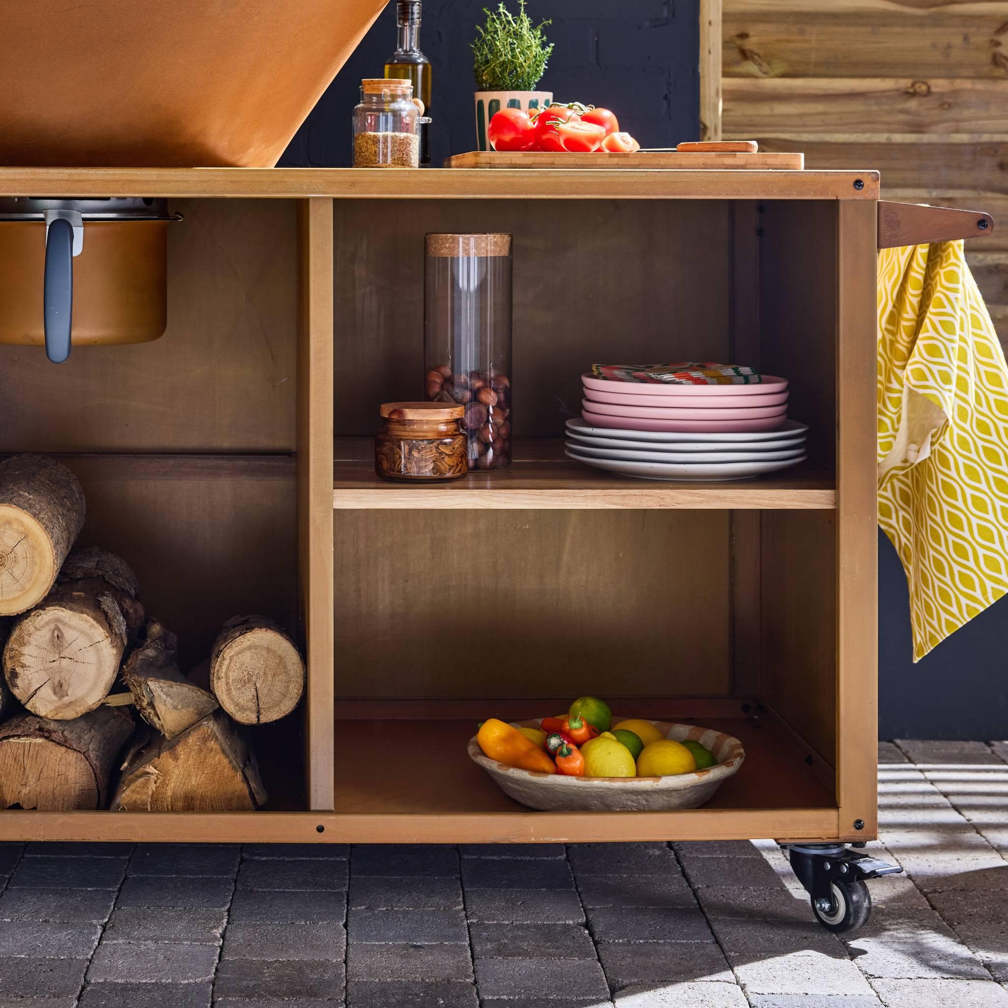 Voir la diapositive 6 : SWEEEK Braséro de cuisson Ø80cm avec grille de cuisson et espace de rangement, L 138 x P 82 x H 114 cm