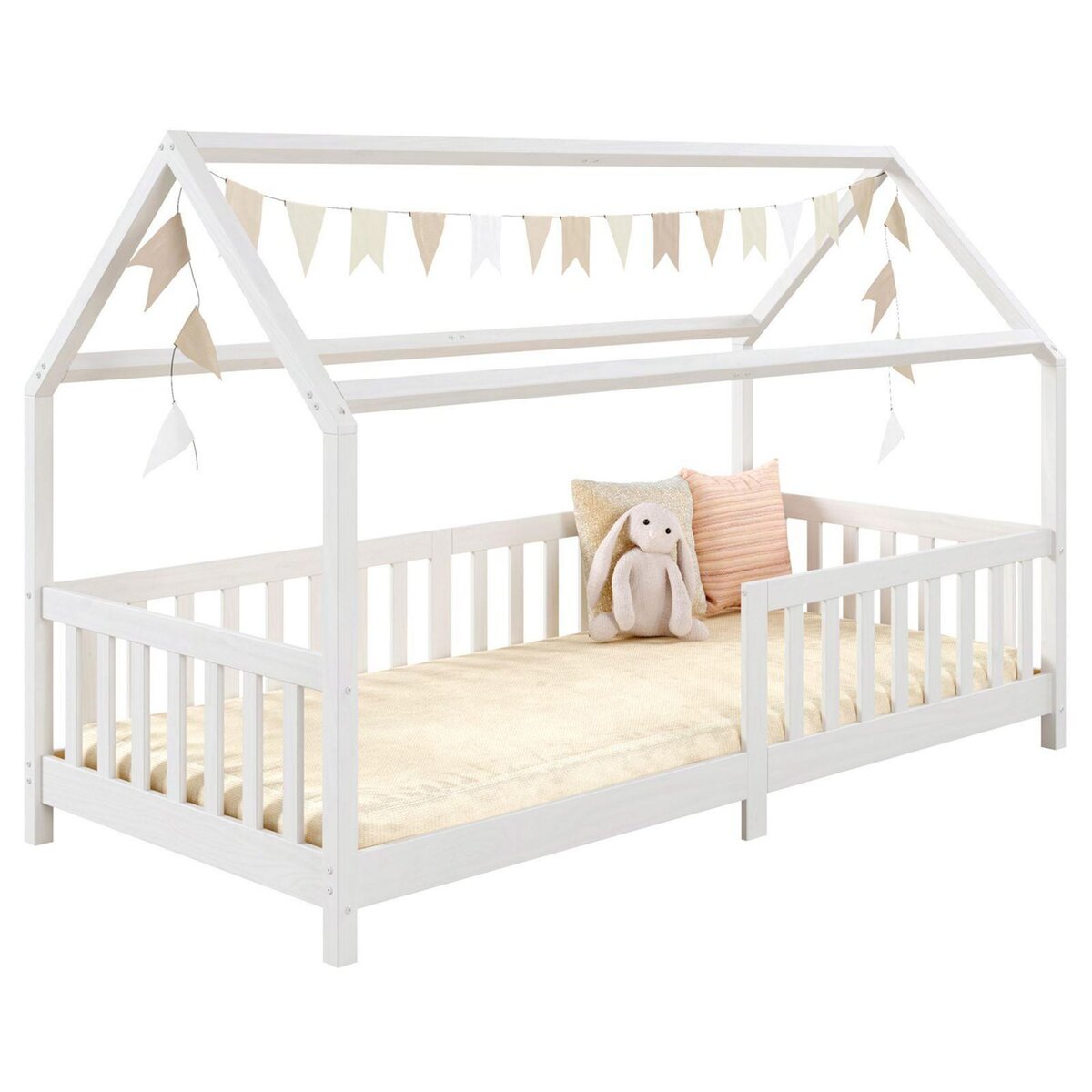 Lit cabane FINA lit simple pour enfant 90 x 190 cm, avec barrières de  protection sur 3 côtés, en pin massif à la finition naturelle