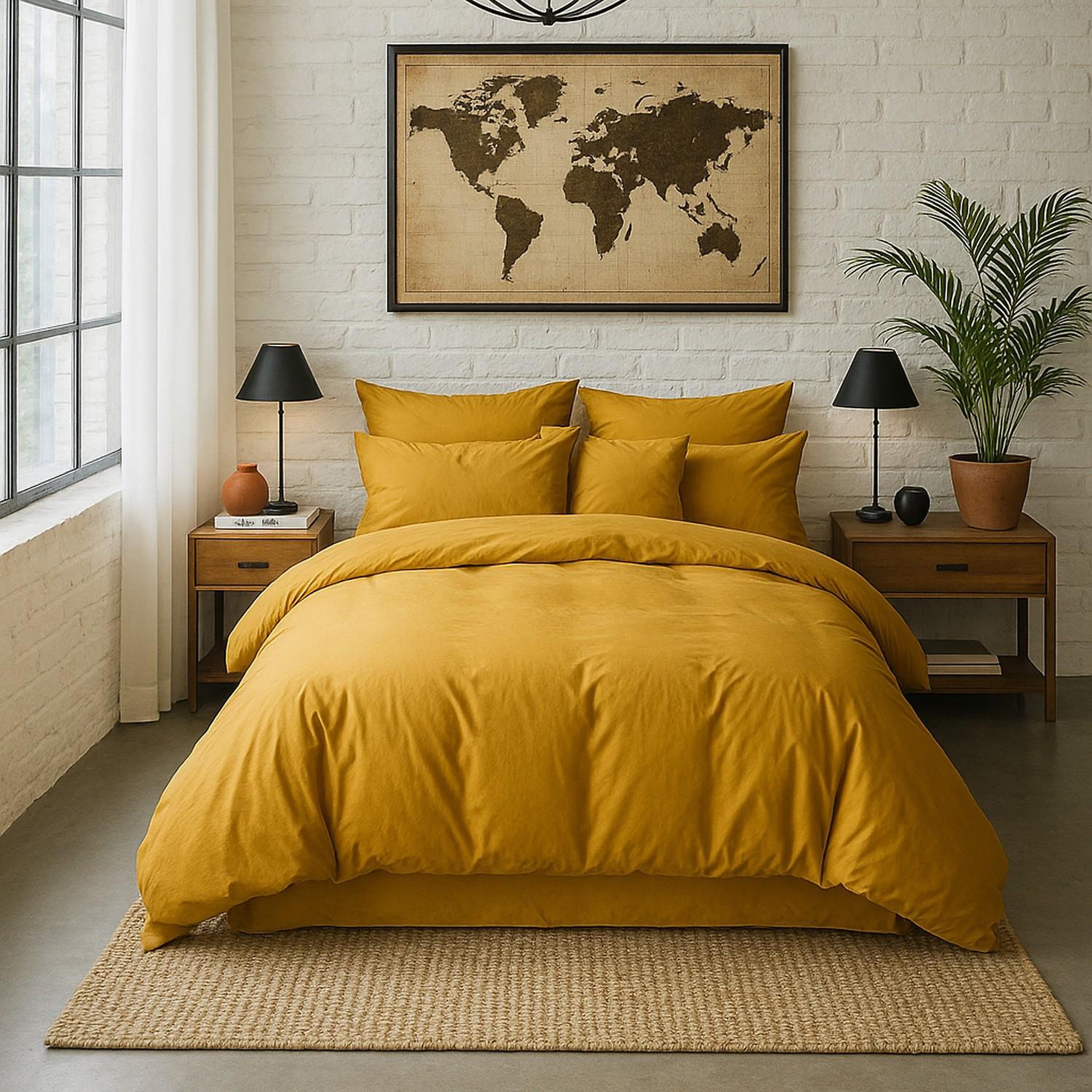 Voir la diapositive 2 : BATON ROUGE Drap housse 100% percale de coton lavé - jaune moutarde