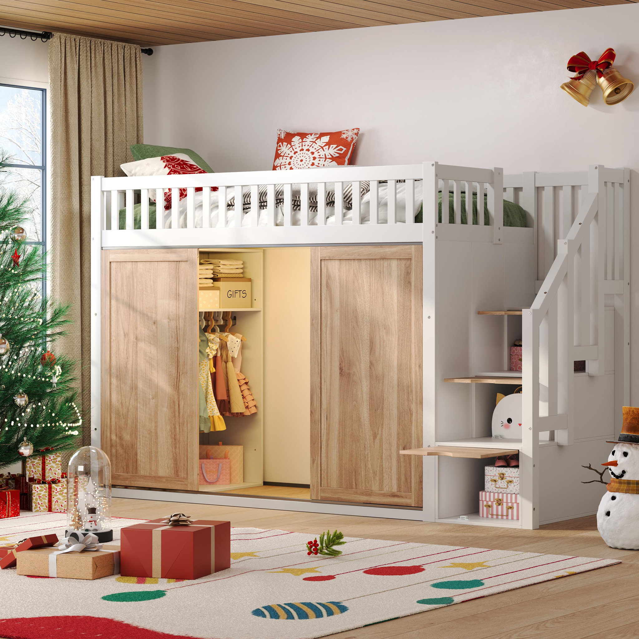 Voir la diapositive 5 : MERAX Lit combiné enfant 90x200 cm coloris blanc+naturel bois massif