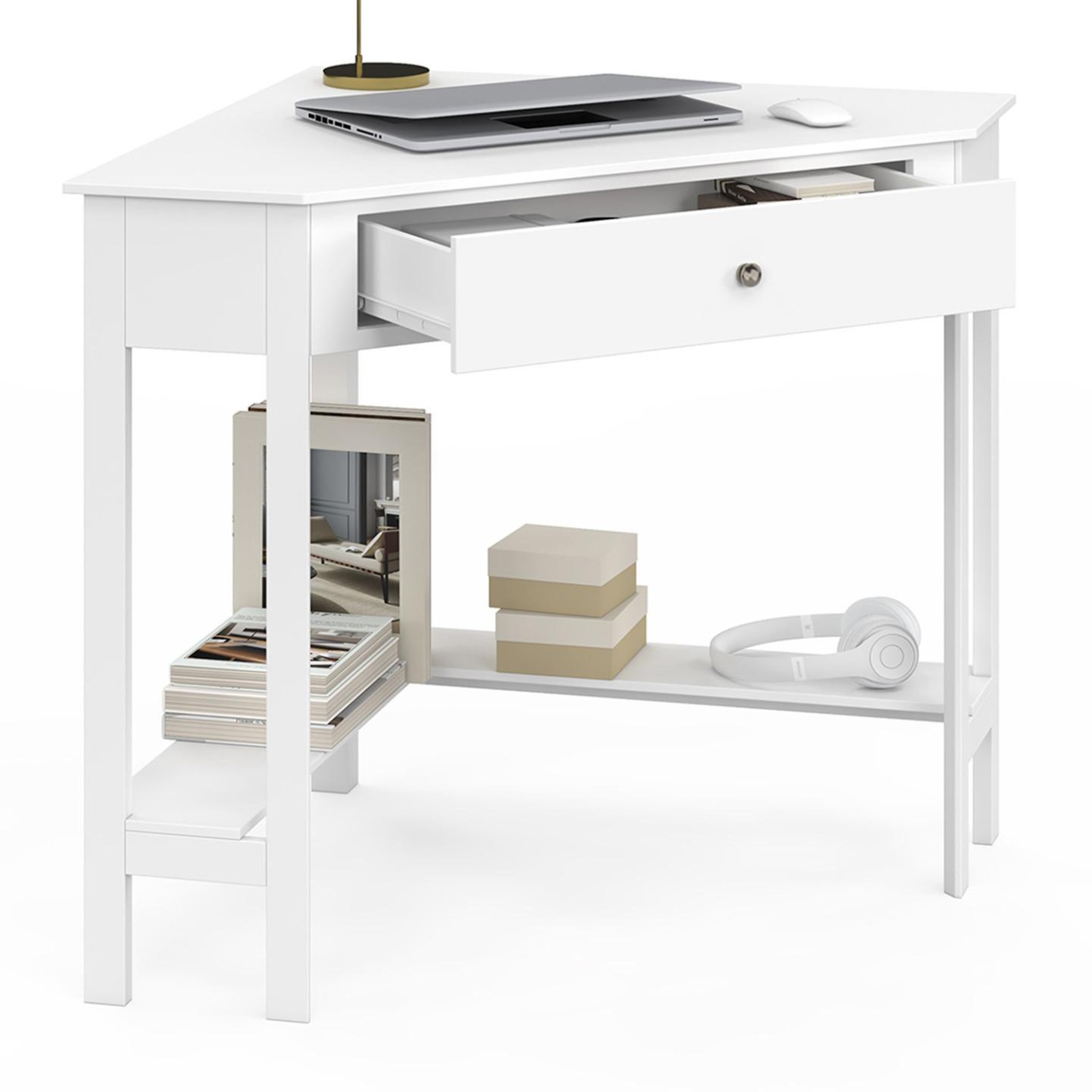 Voir la diapositive 6 : ID MARKET Bureau d'angle remi blanc gain de place bureau informatique avec rangements et 1 tiroir