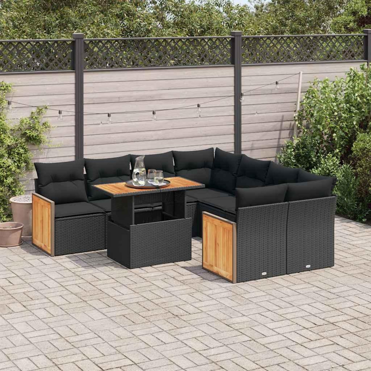 VIDAXL Salon de jardin avec coussins 9 pcs noir resine tressee acacia